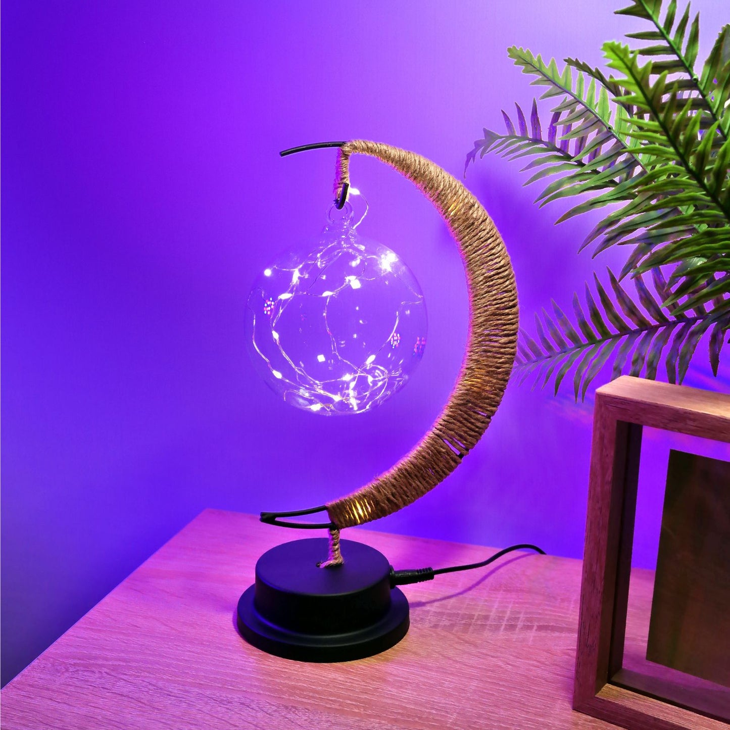 Lámpara LED Media Luna con Cáñamo y Colgante Bola