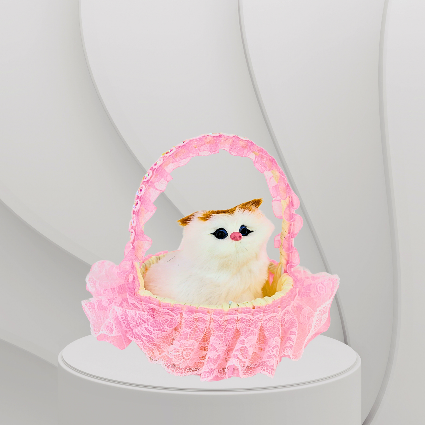 Gato Maullador en Canasta Juguete Decorativo Rosado