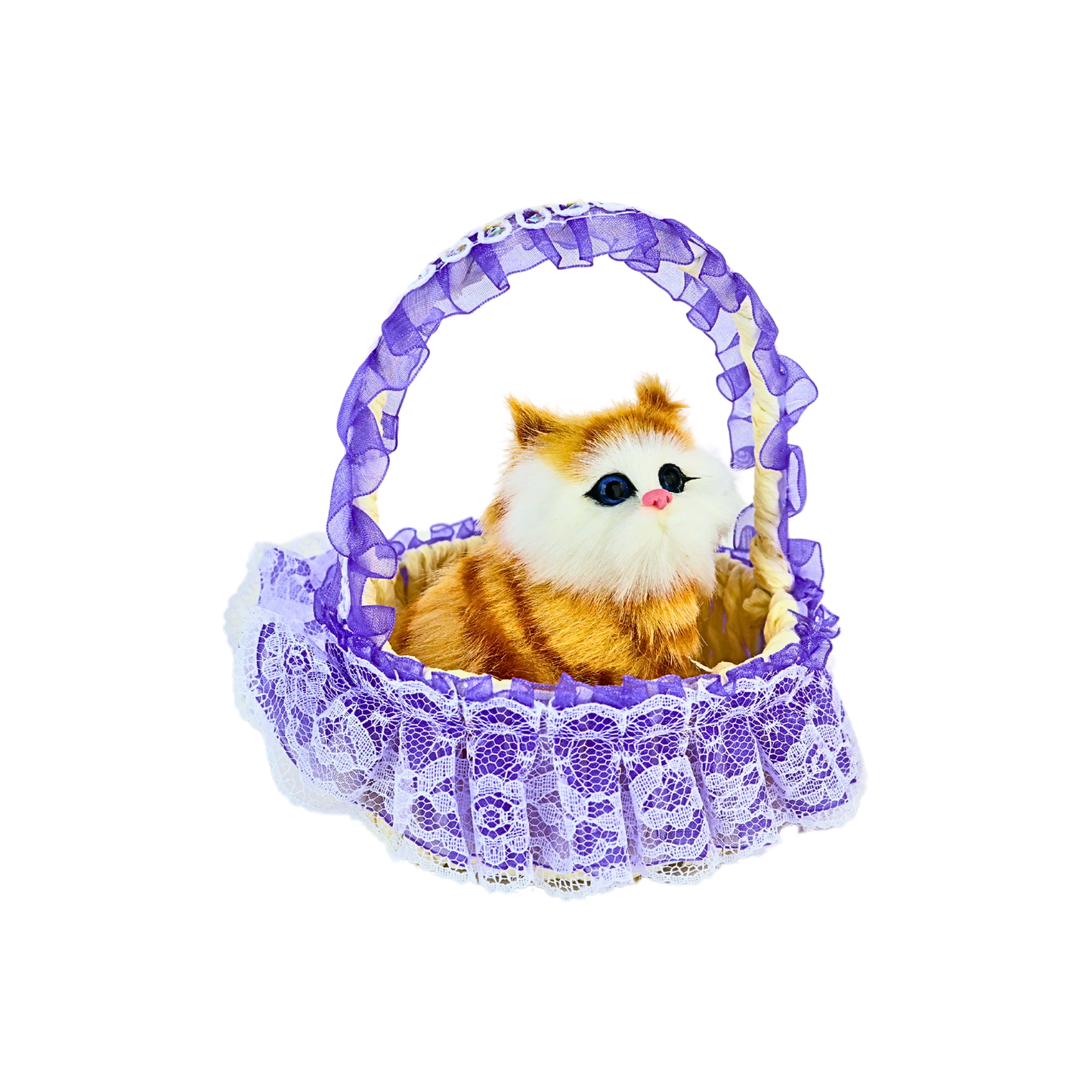 Gato Maullador en Canasta Juguete Decorativo Morado