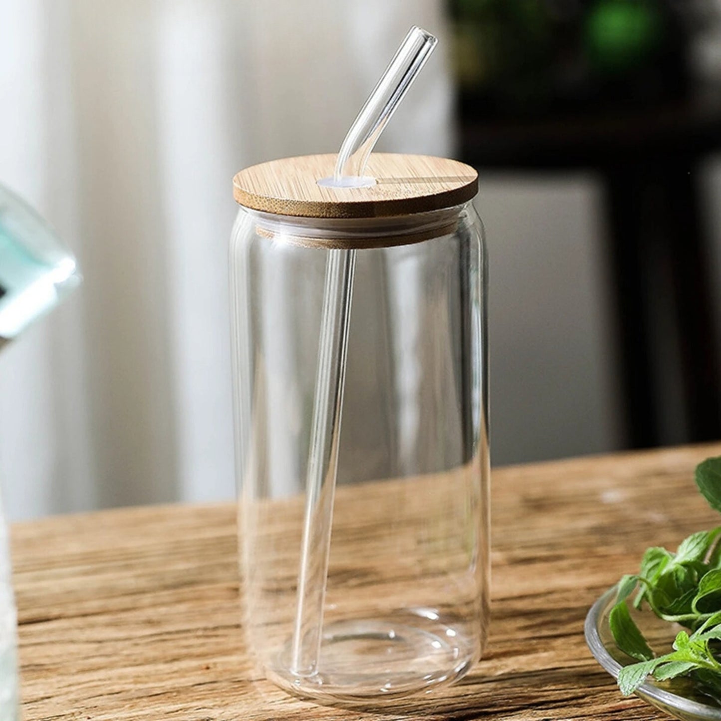Vaso Lata De Vidrio Con Tapa De Bambú Y Bombilla 550ml