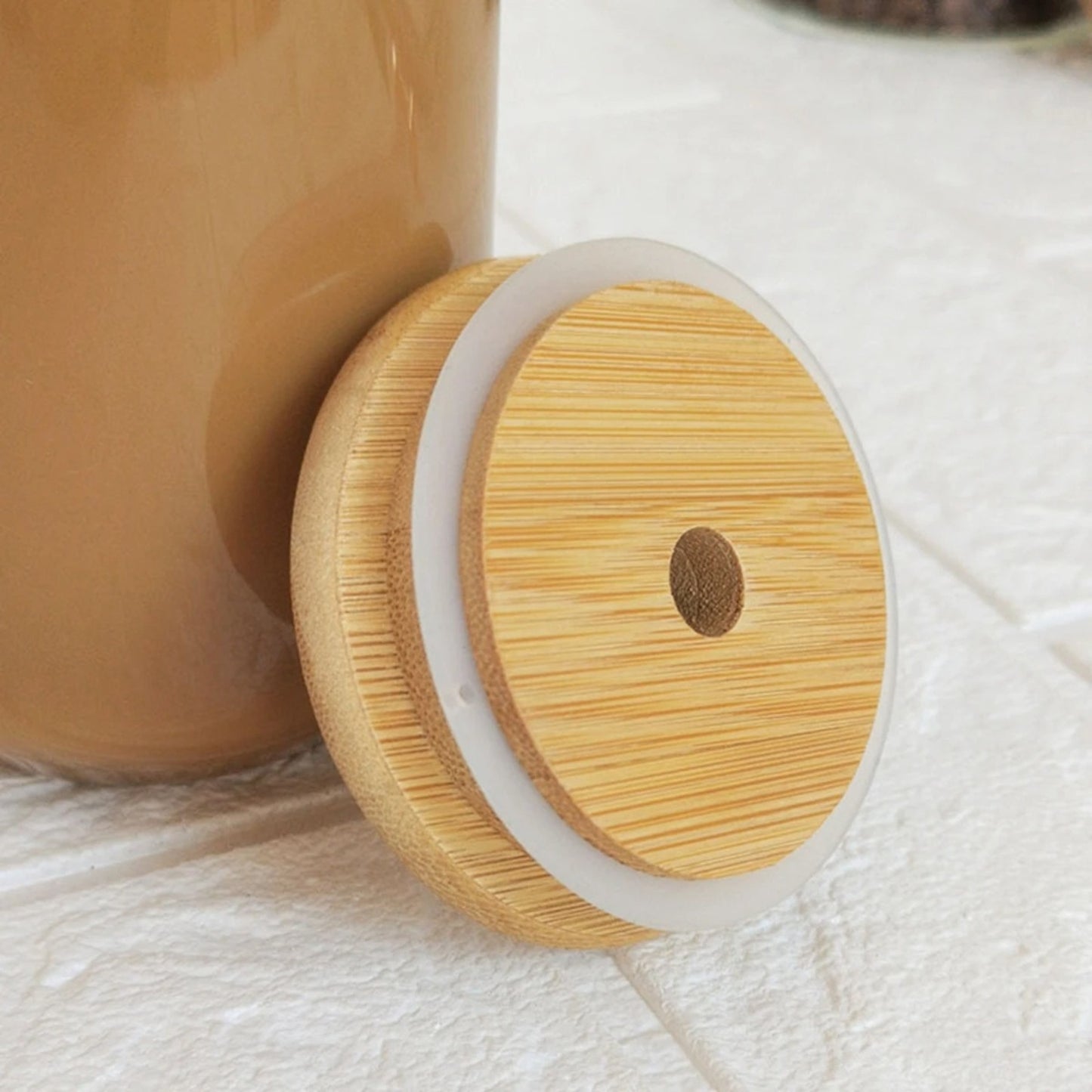 Vaso Lata De Vidrio Con Tapa De Bambú Y Bombilla 550ml