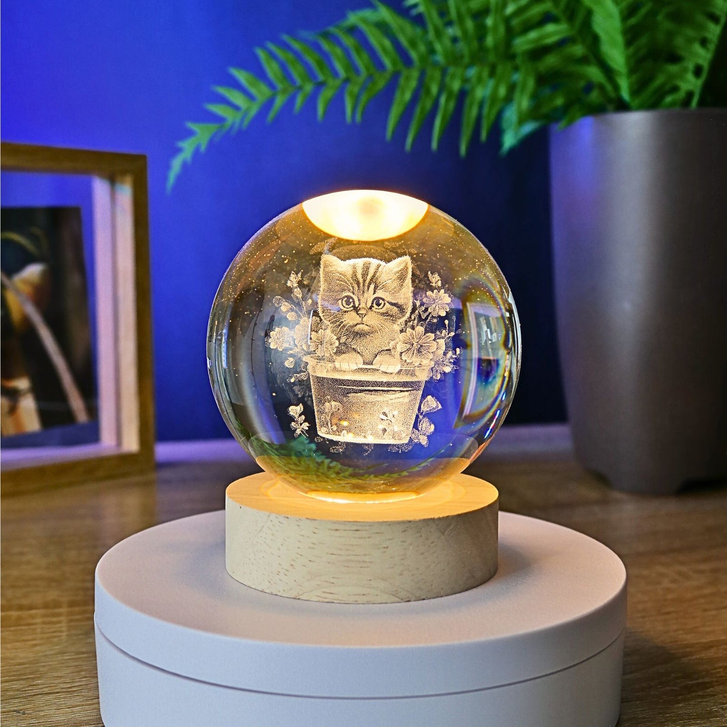 Lampara Bola De Cristal LED Gato en Cesta