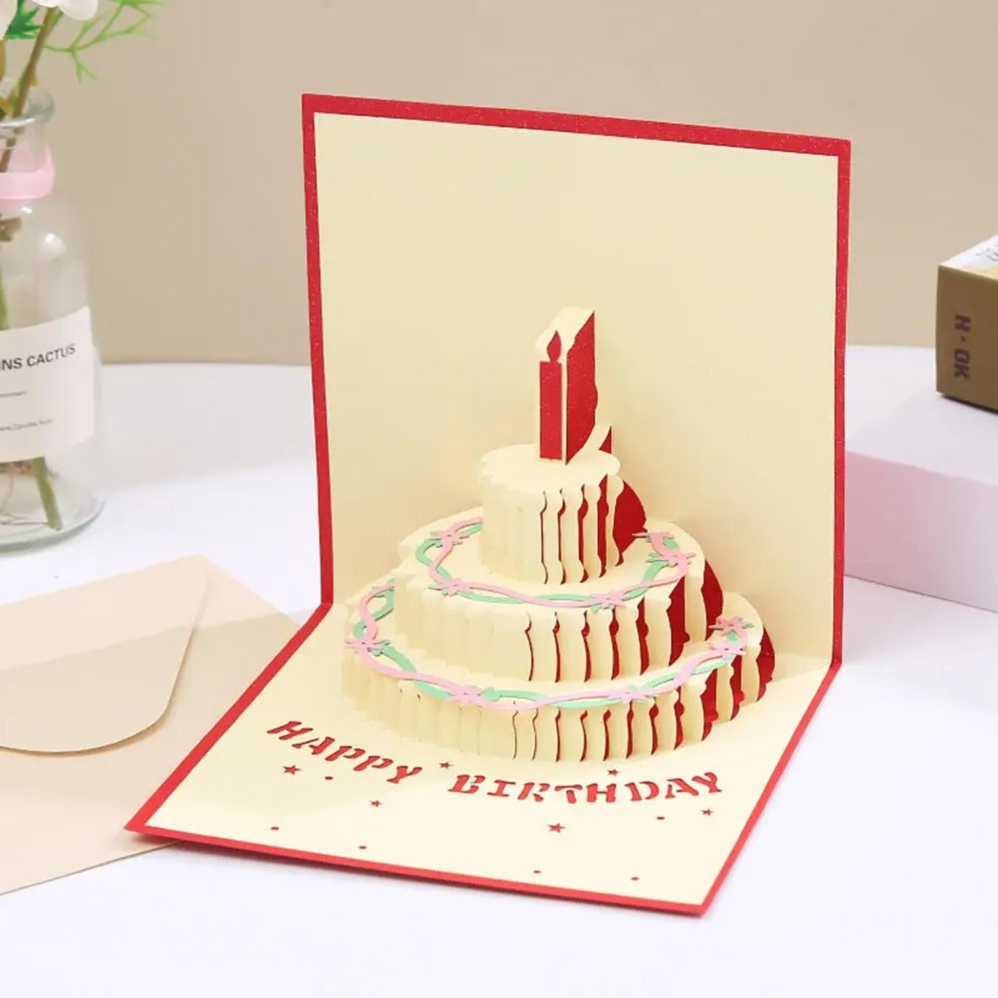 Tarjeta Plegable Pastel de Cumpleaños con Efecto 3D Rojo