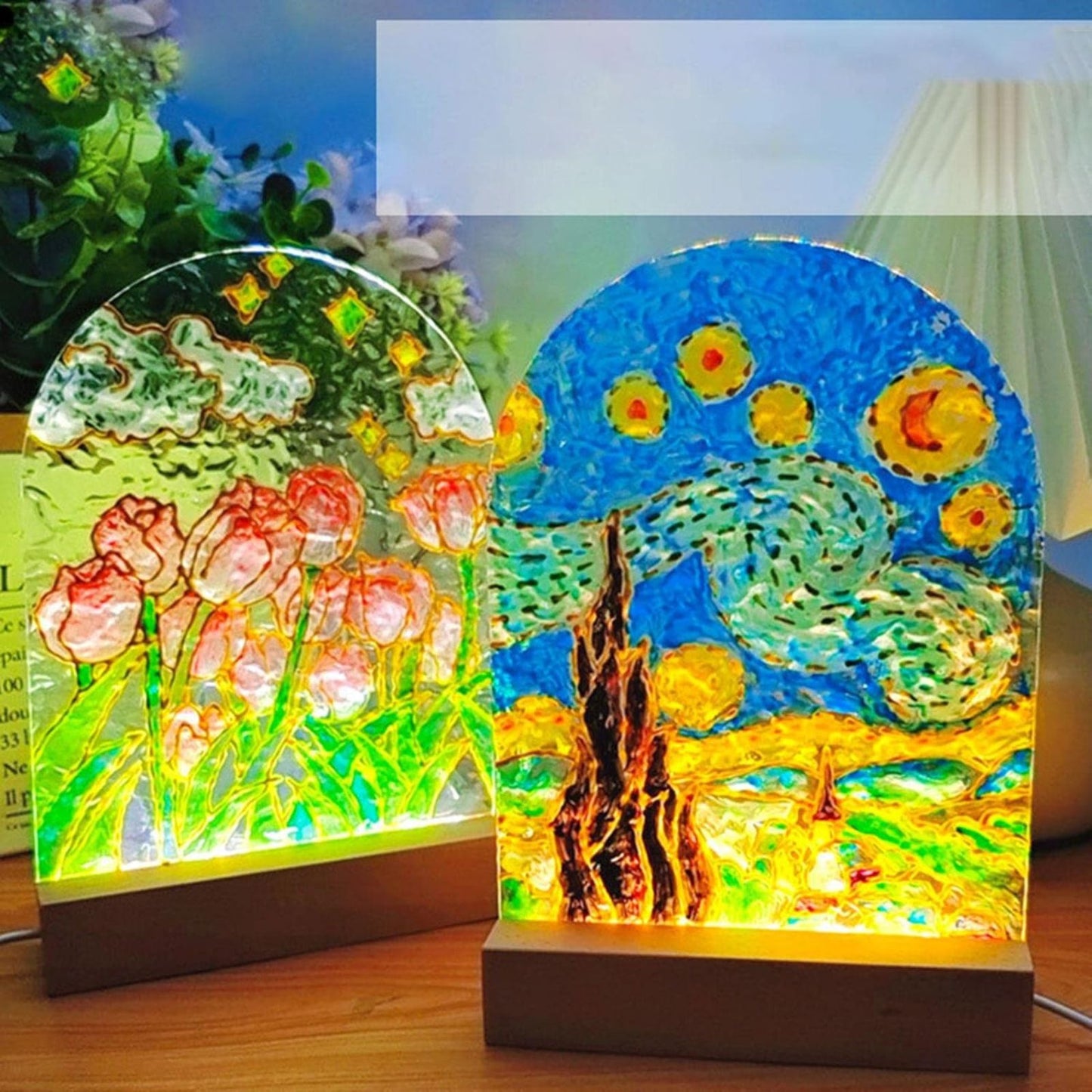 Lámpara Acrílica Led Pintura Van Gogh Diy