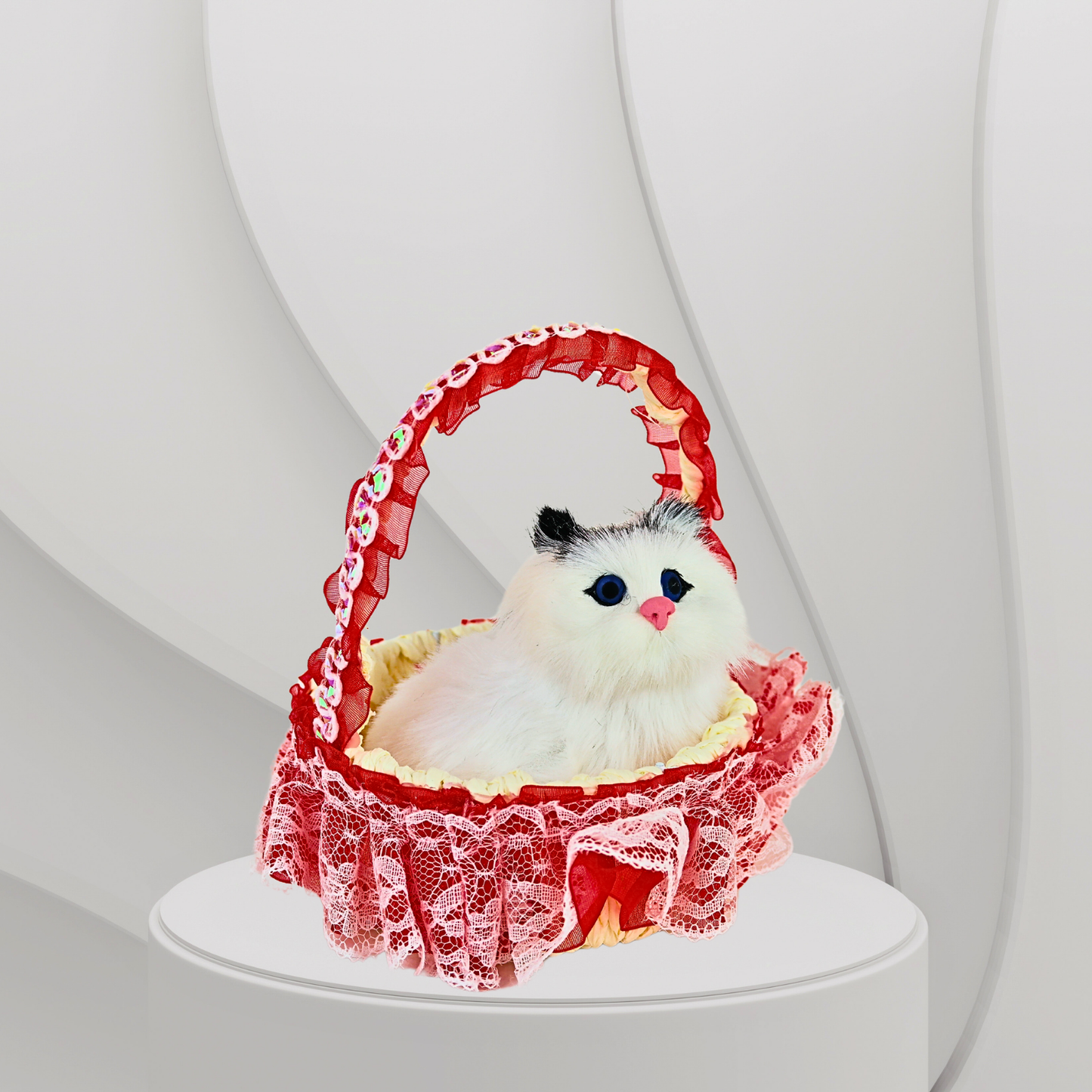 Gato Maullador en Canasta Juguete Decorativo Rojo