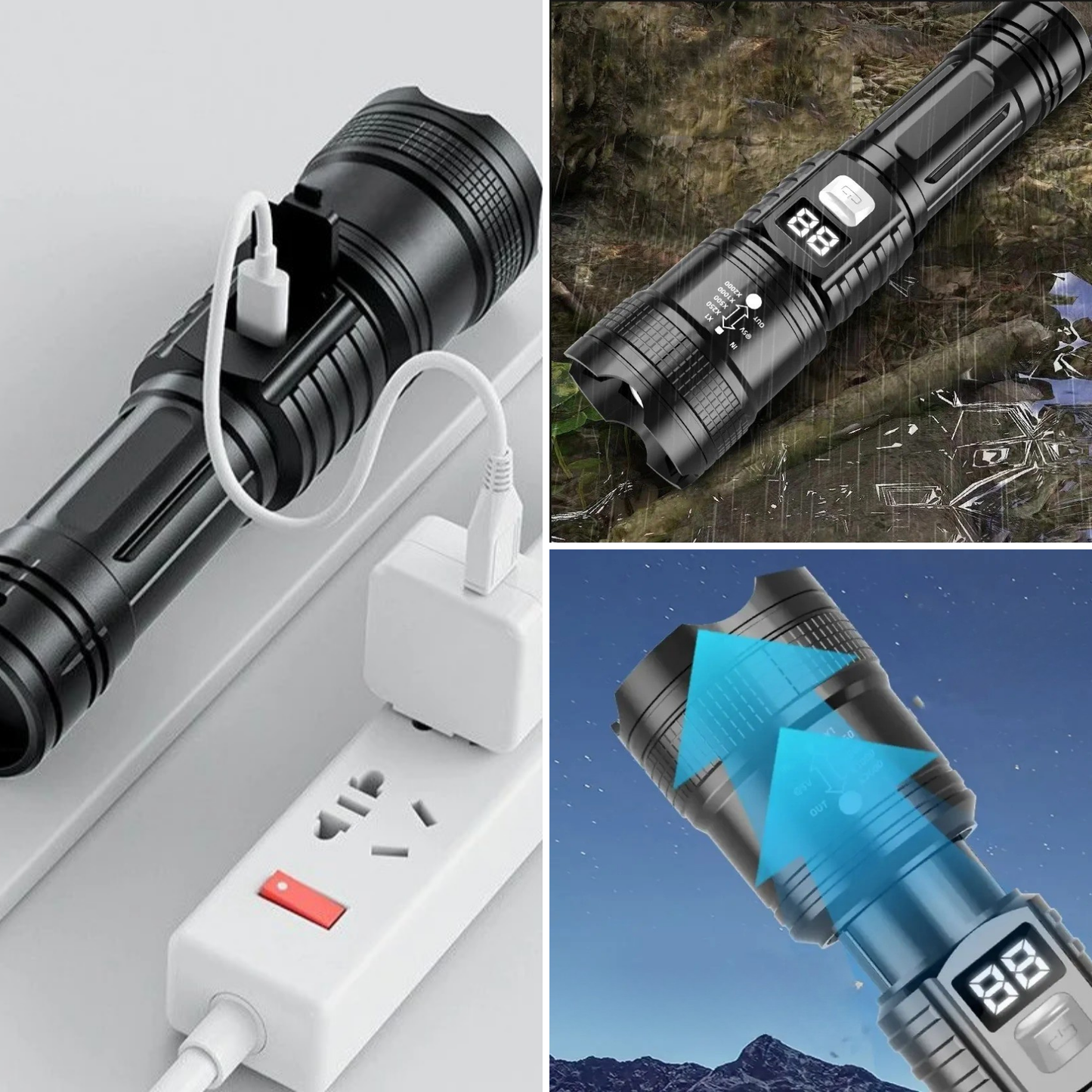 Linterna LED COB Recargable con Zoom y Pantalla Indicadora