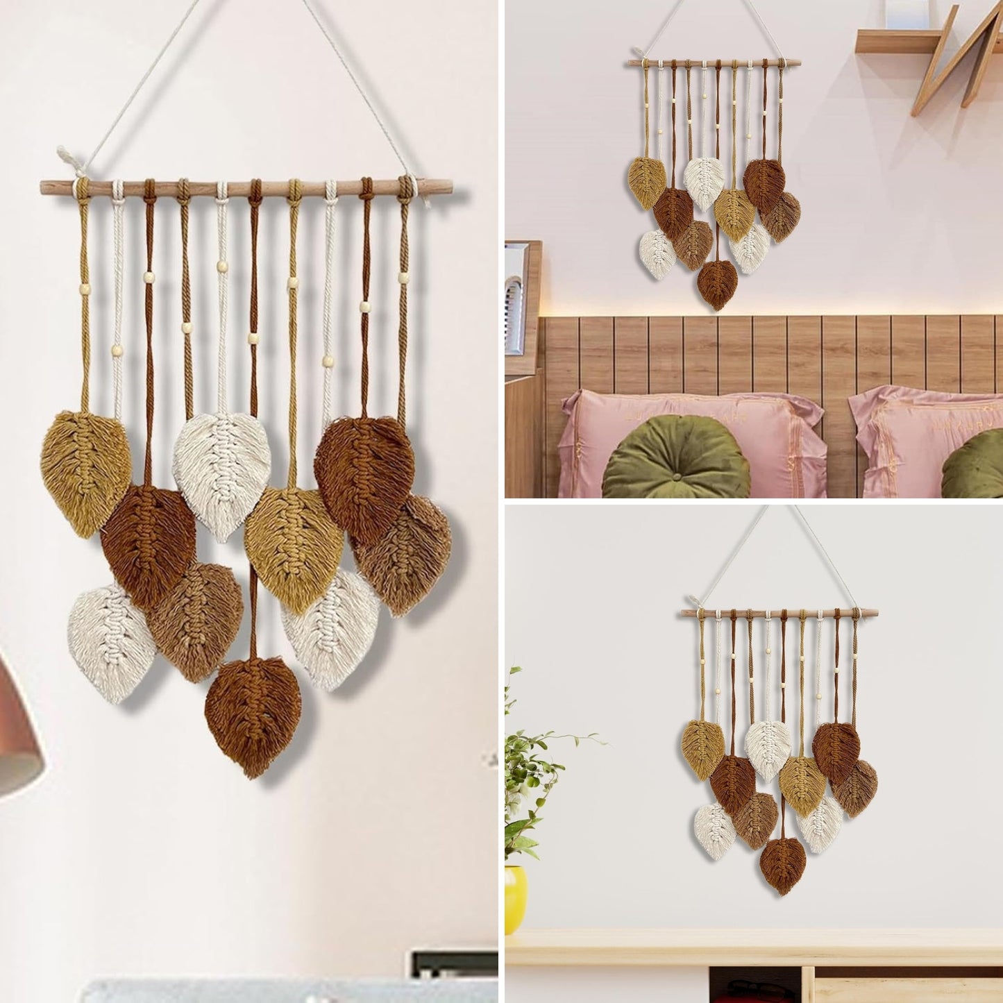 Decoración Colgante Mural Tejido Macramé Hojas Café
