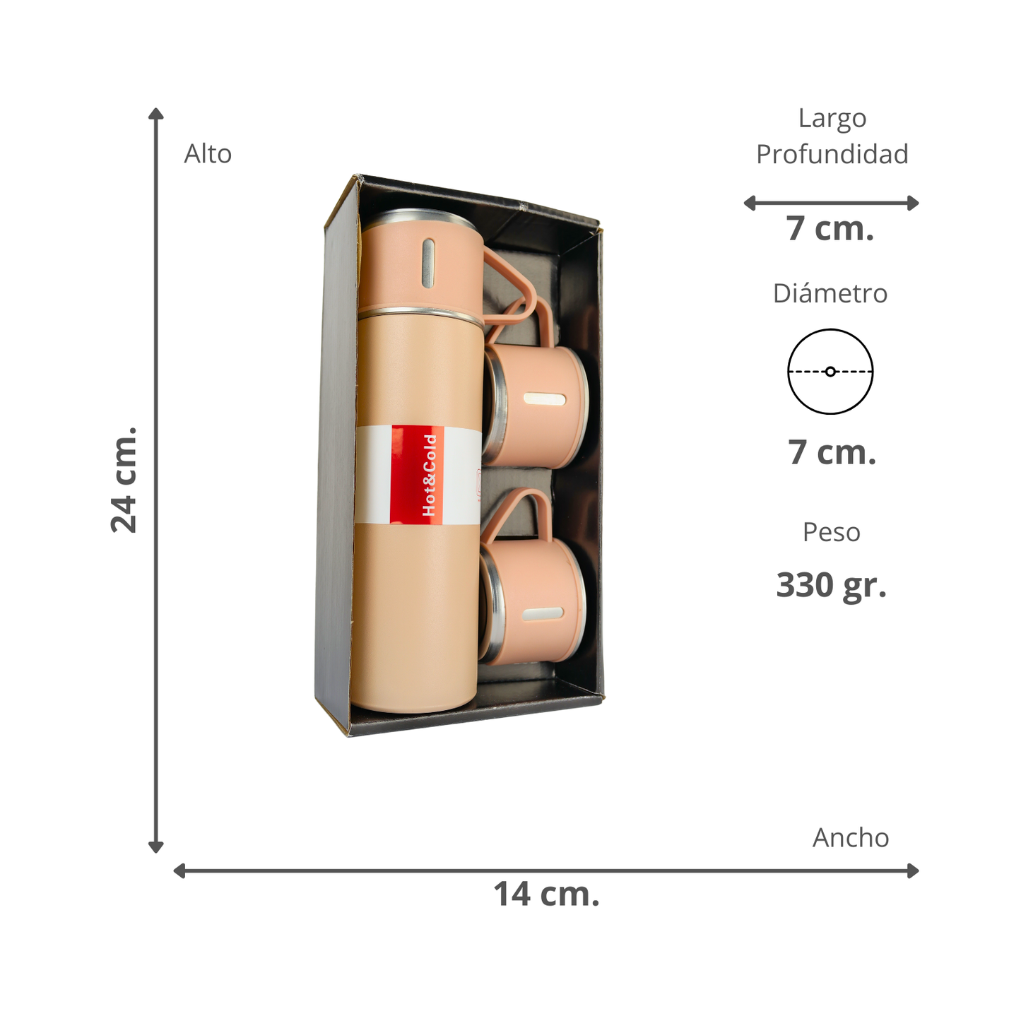 Set Termo Acero Inoxidable Con 3 Tazas 500 Ml Rosado