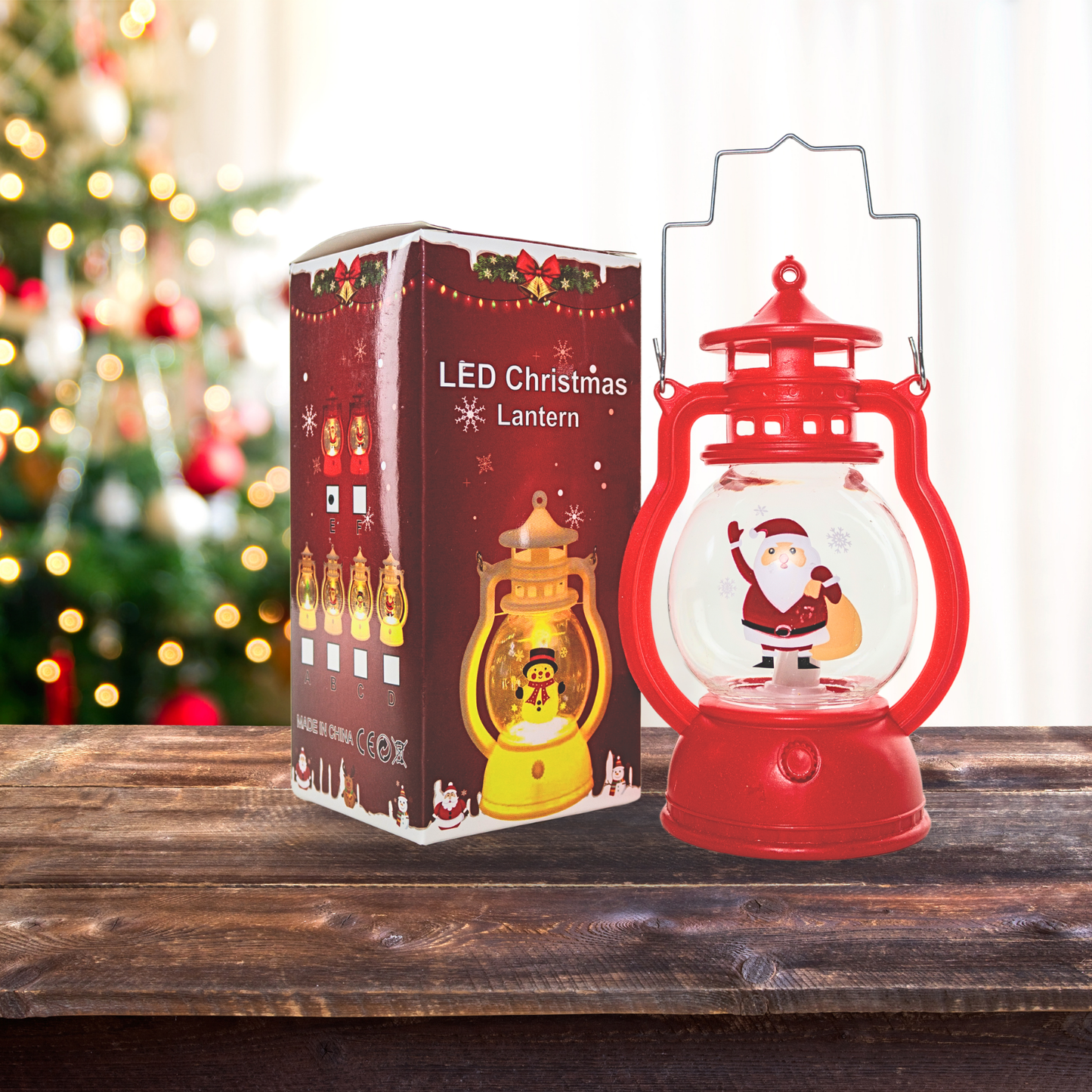 Farol Navideño con Santa Claus y Luz LED Tipo Vela Rojo