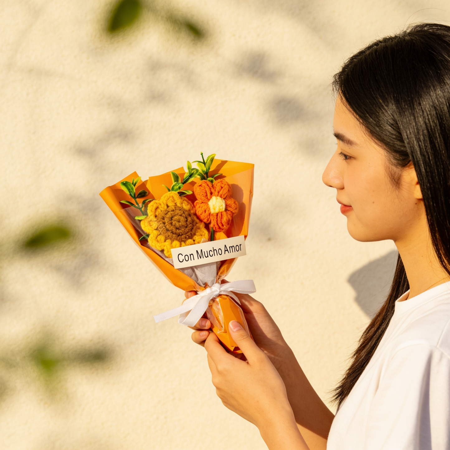 Ramo de Flores Eternas Crochet Regalo Decoración Naranja