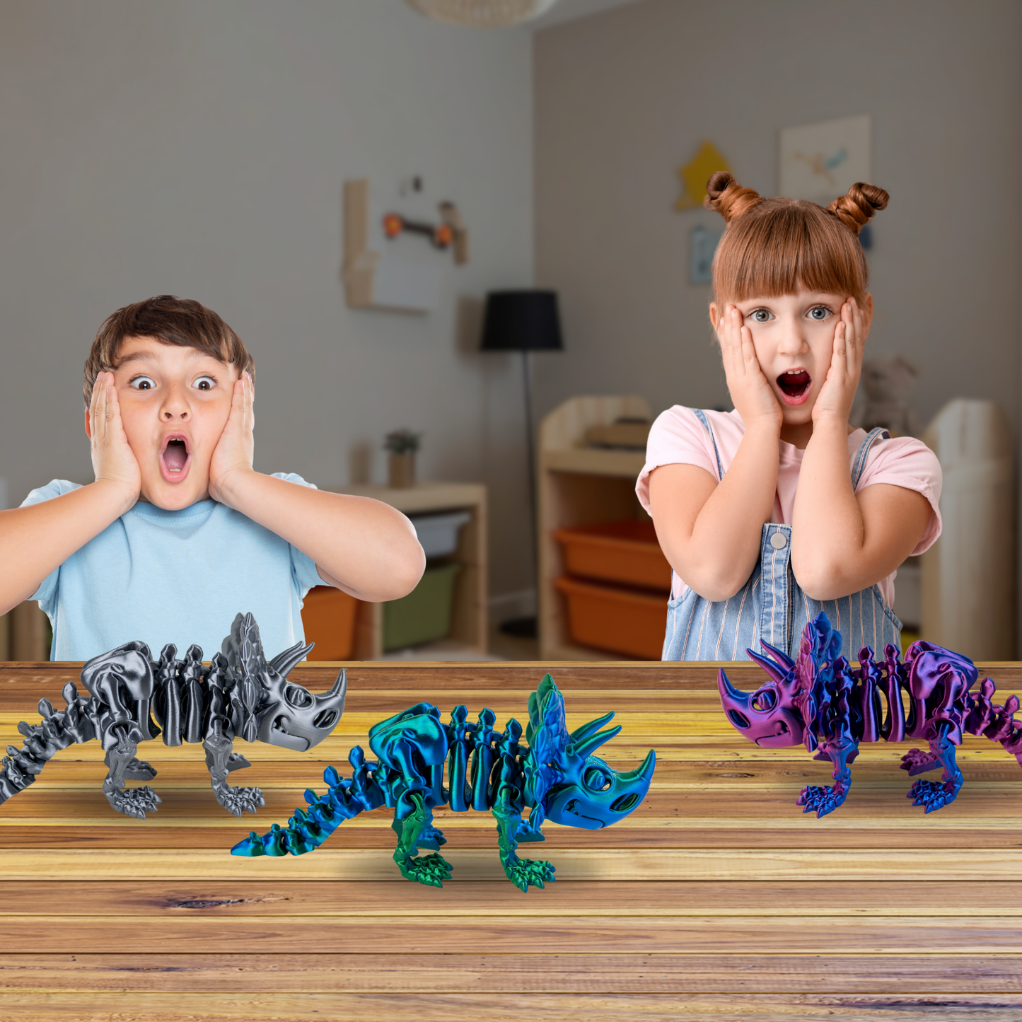 Juguete Dinosaurio Triceratops Tornasol Impresión 3D Plateado