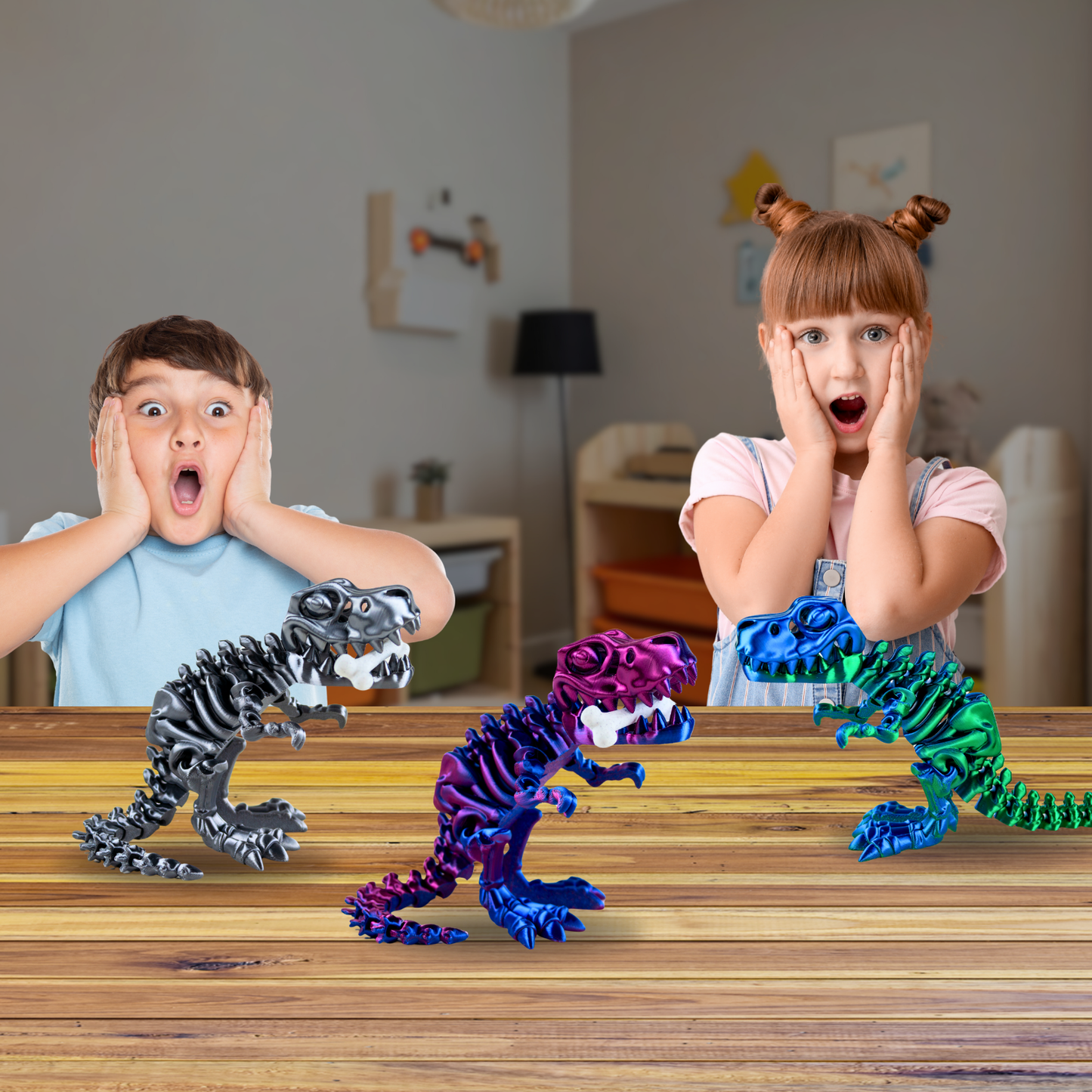 Juguete Dinosaurio T-Rex Tornasol Impresión 3D Plateado