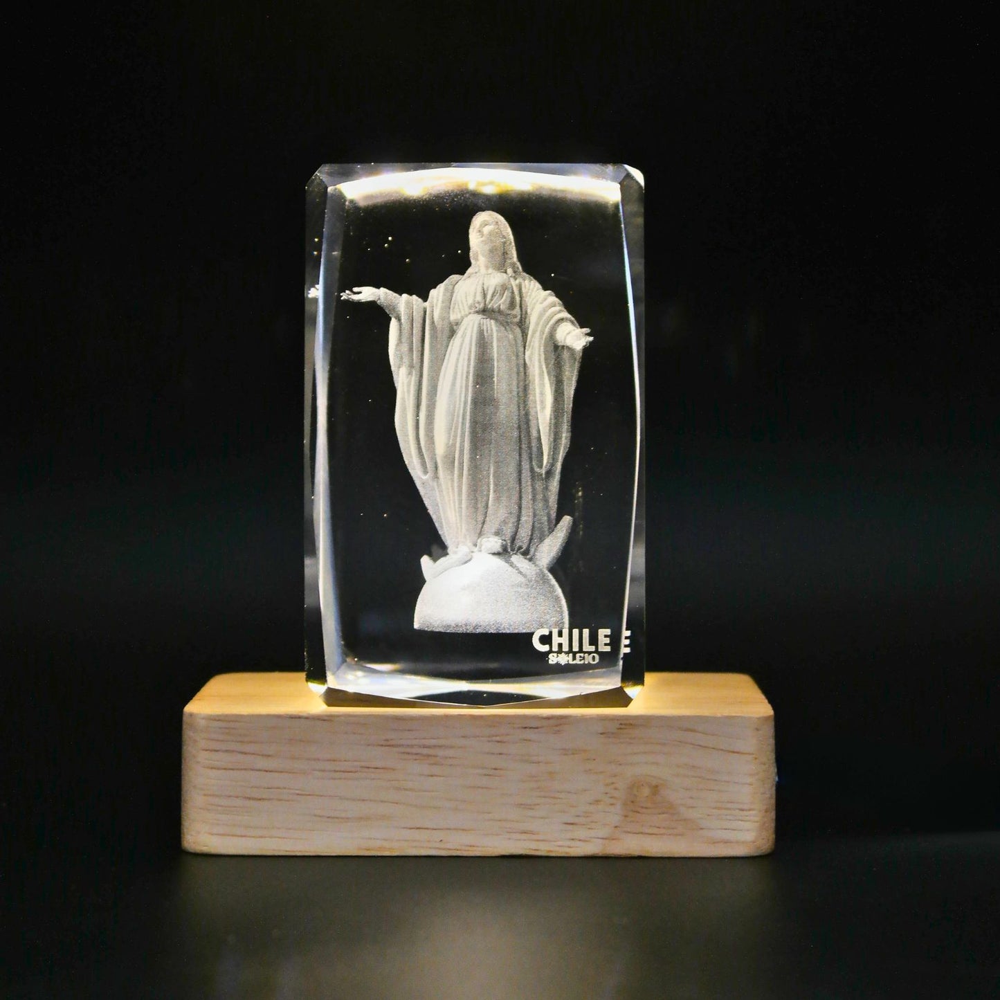Cristal 3d Decorativo Con Base Led Virgen Maria