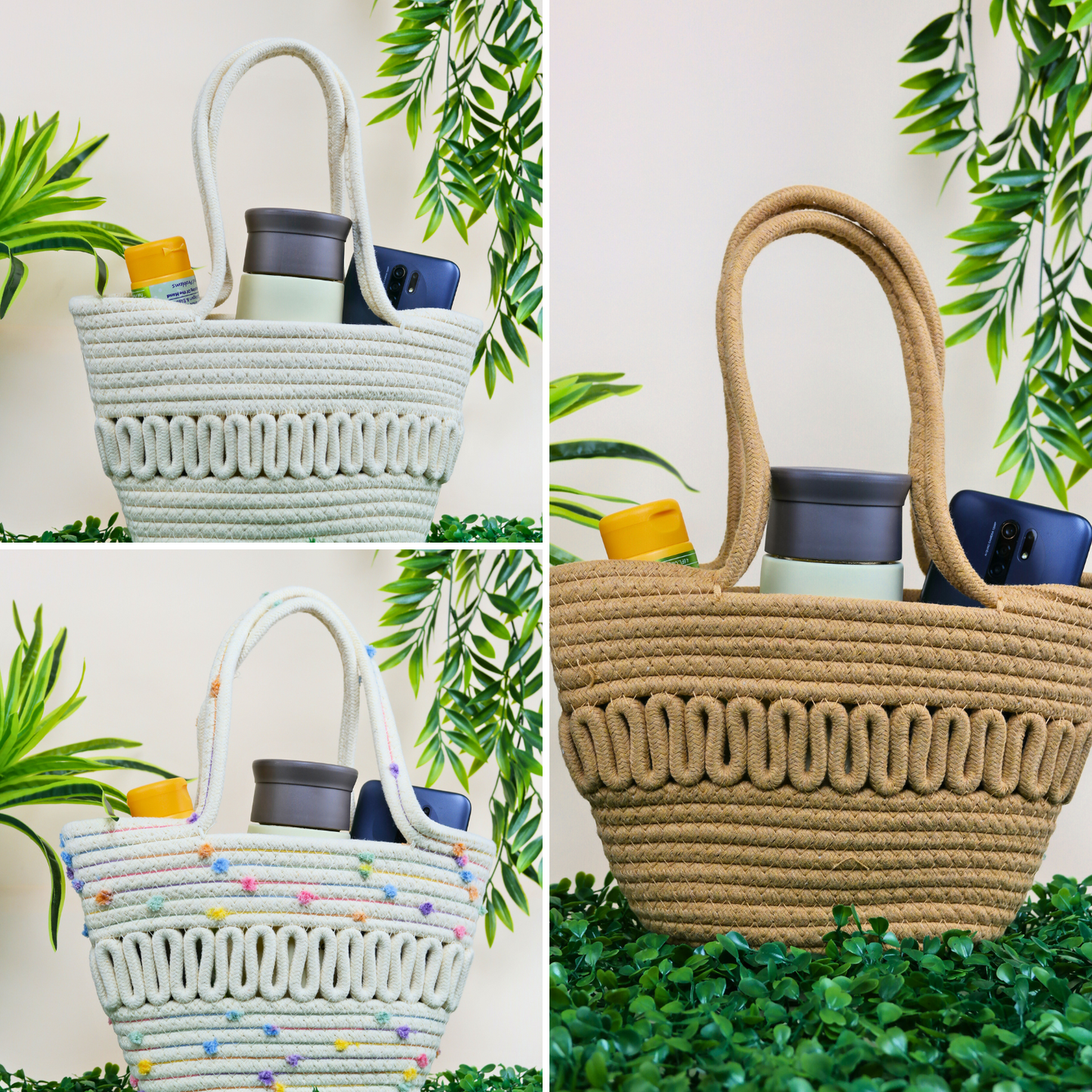 Bolso De Playero Casual Tejido Yute Algodón Beige Liso