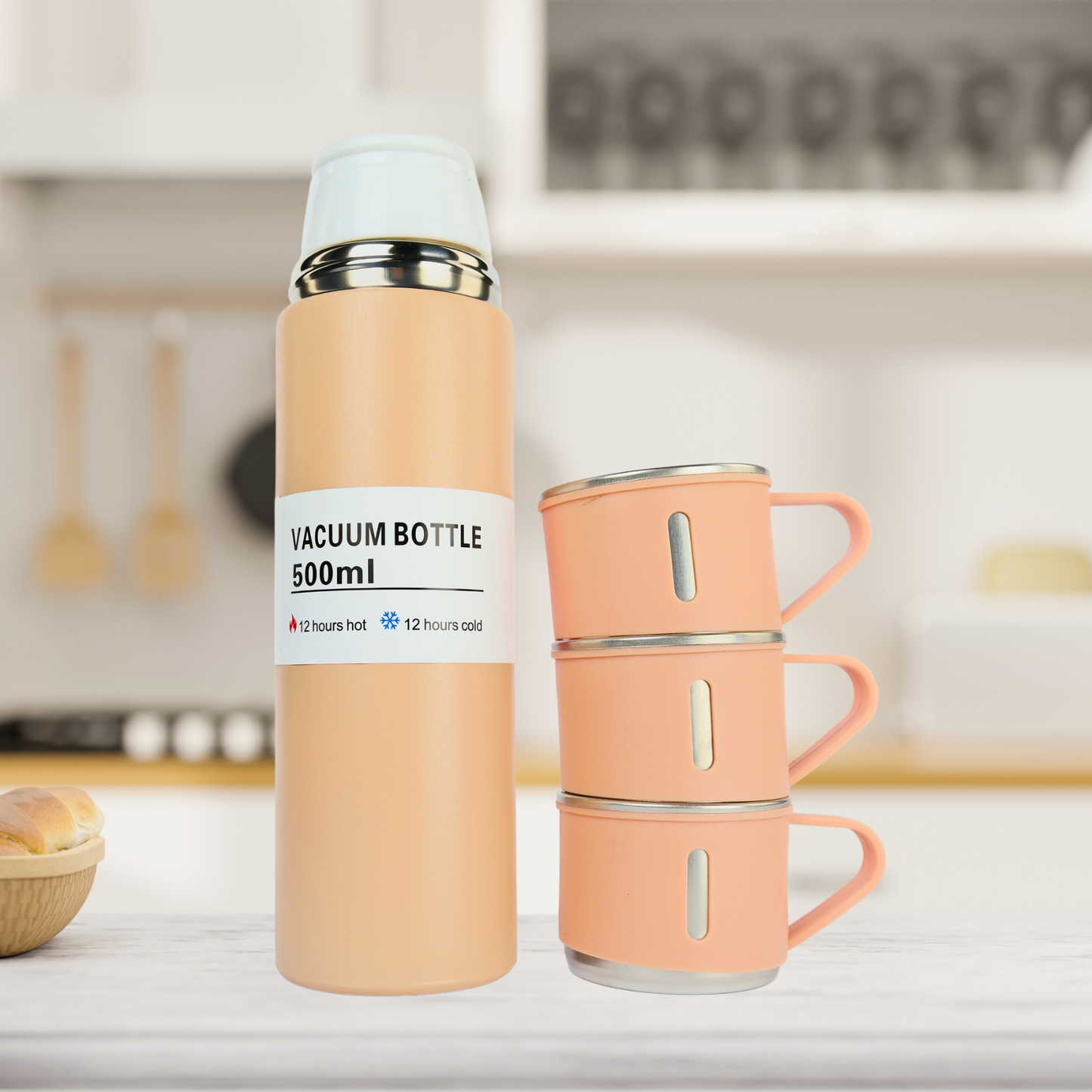 Set Termo Acero Inoxidable Con 3 Tazas 500 Ml Rosado
