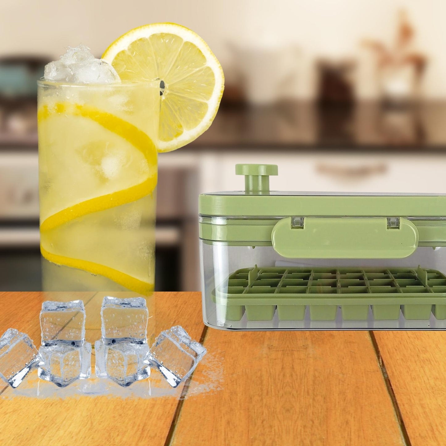 Bandeja Para Cubitos De Hielo 2 En 1 Con Tapa Y Contenedor Verde