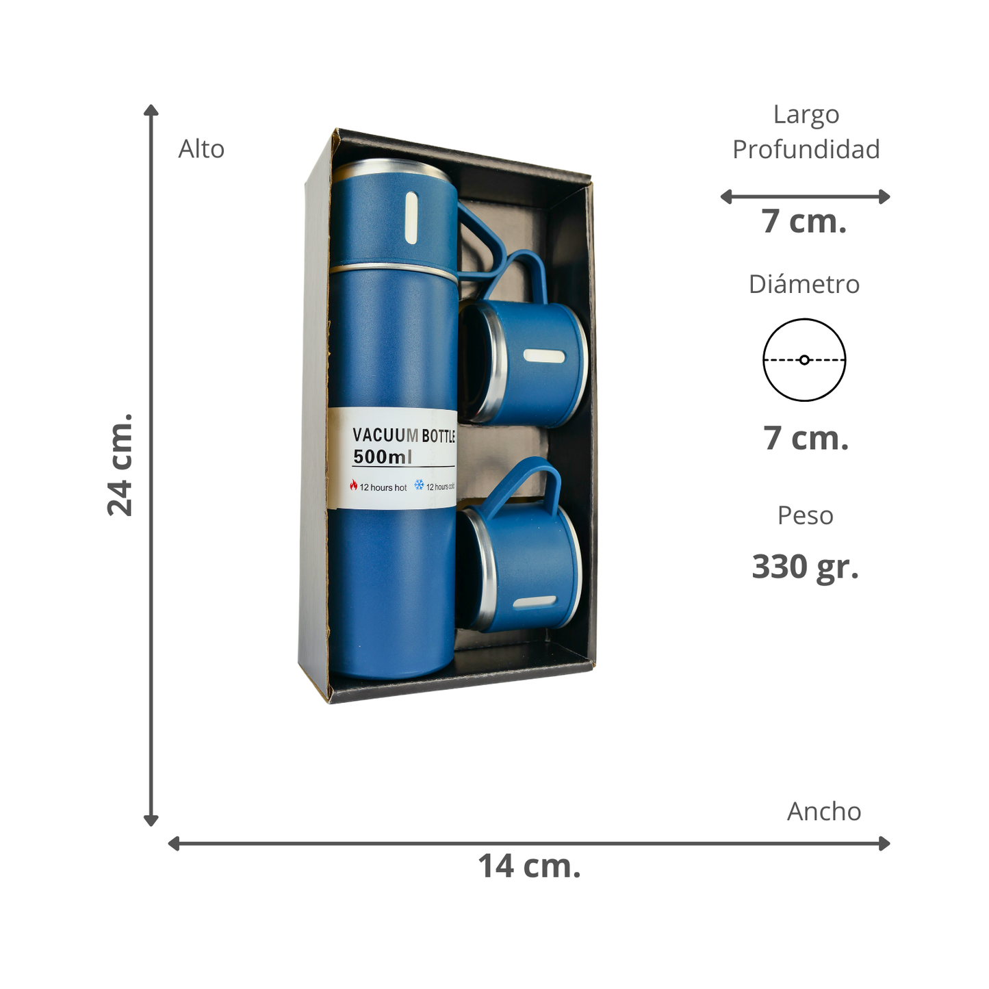 Set Termo Acero Inoxidable Con 3 Tazas 500 Ml Azul