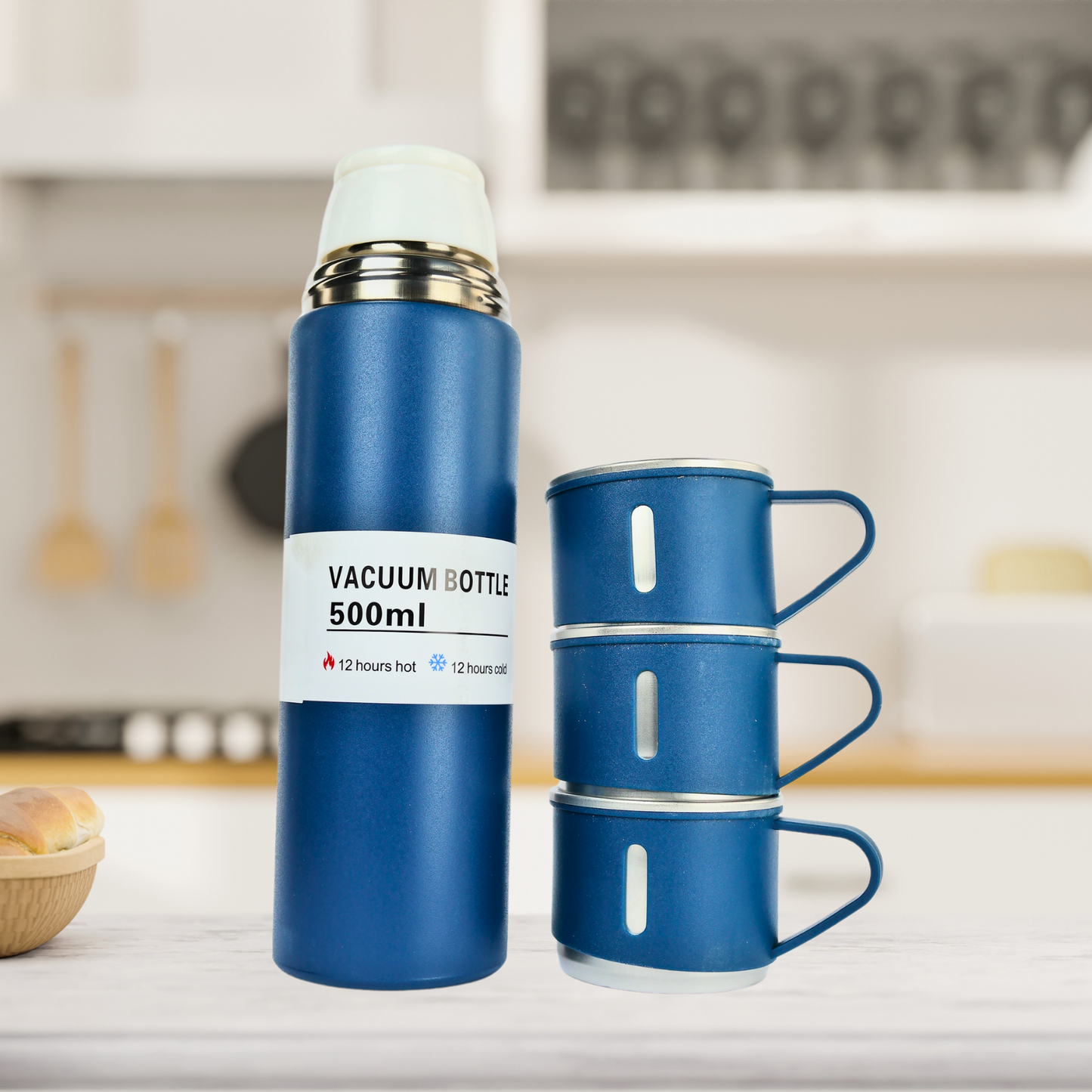 Set Termo Acero Inoxidable Con 3 Tazas 500 Ml Azul