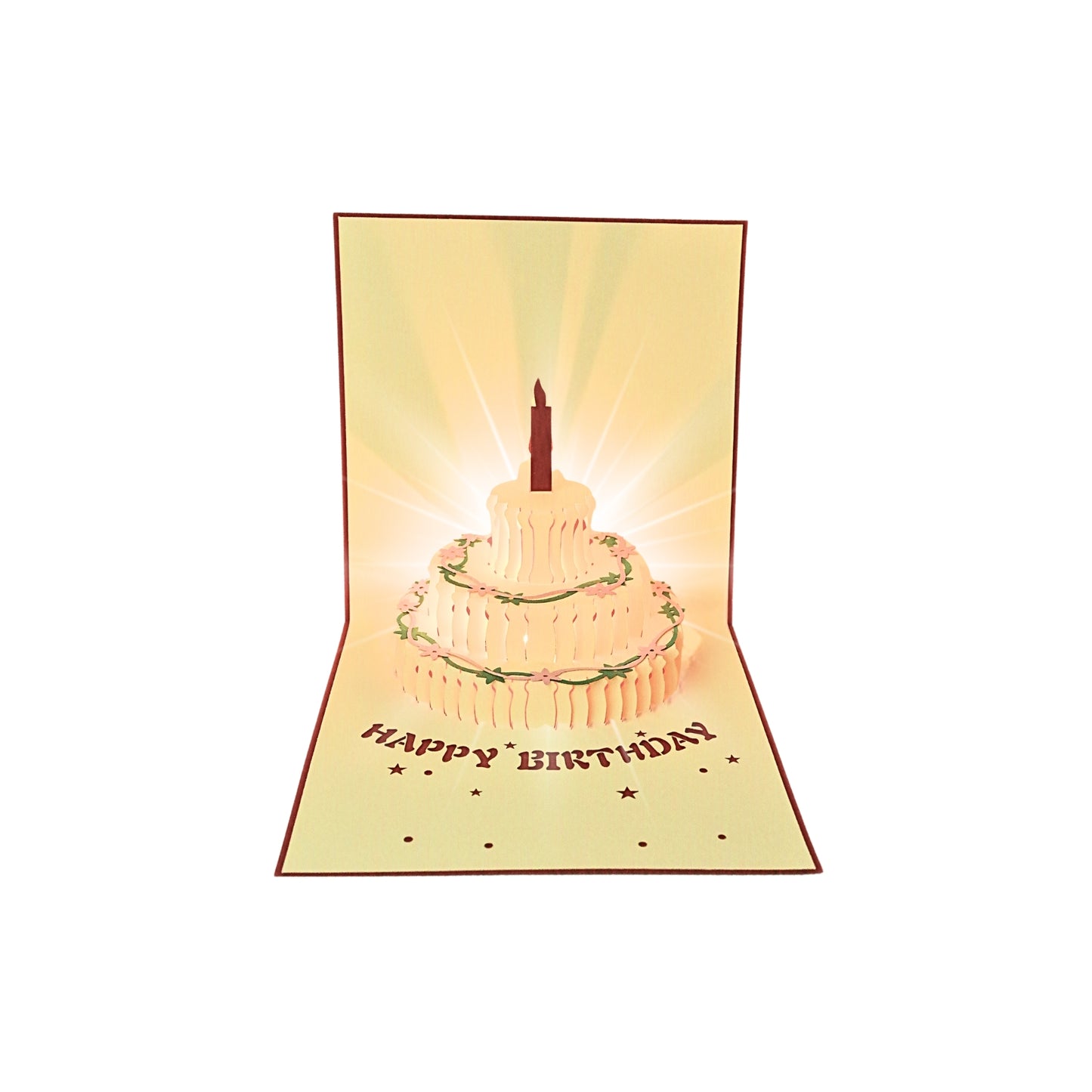 Tarjeta Plegable Pastel de Cumpleaños Luz y Música Rojo