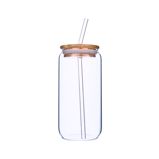 Vaso Lata De Vidrio Con Tapa De Bambú Y Bombilla 550ml