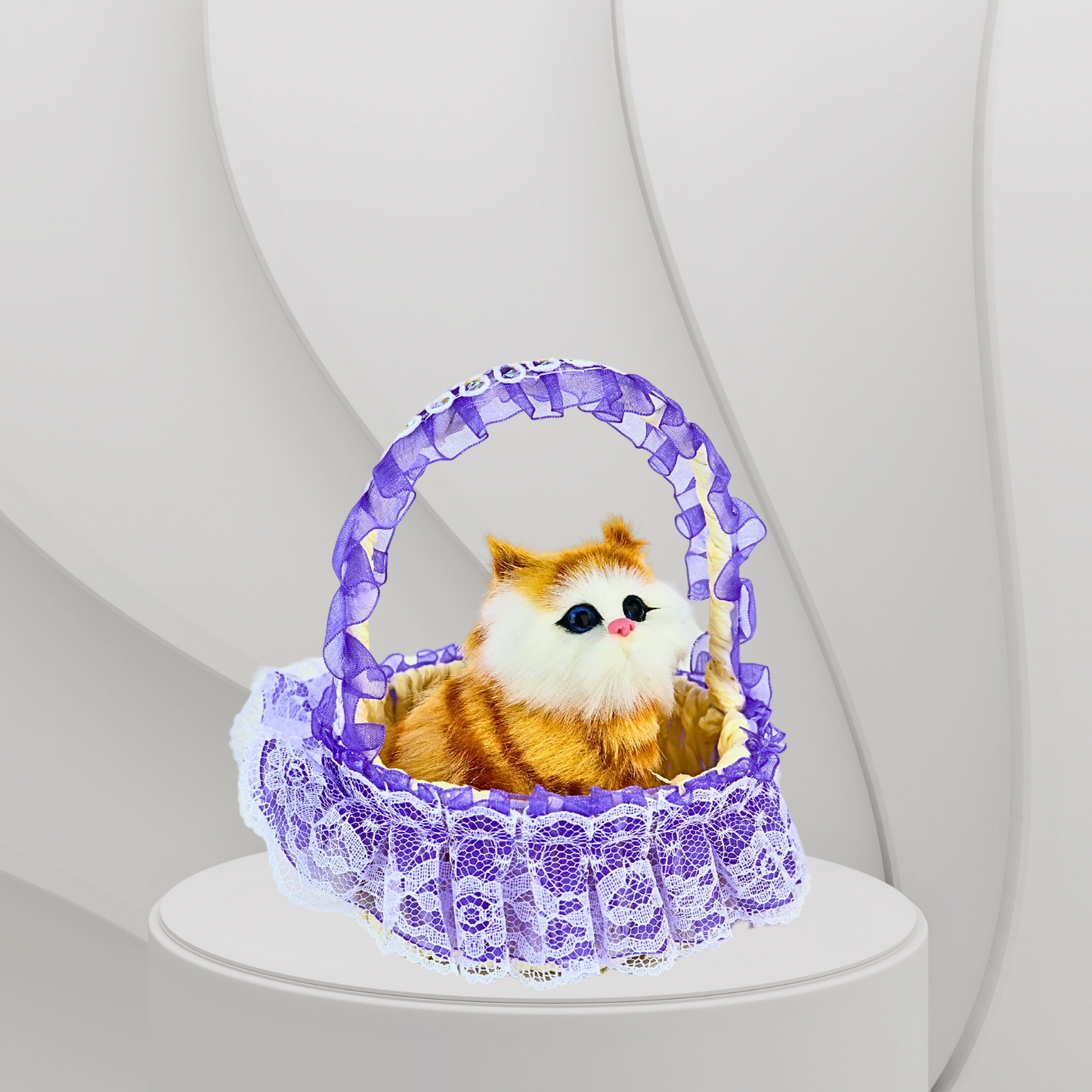 Gato Maullador en Canasta Juguete Decorativo Morado