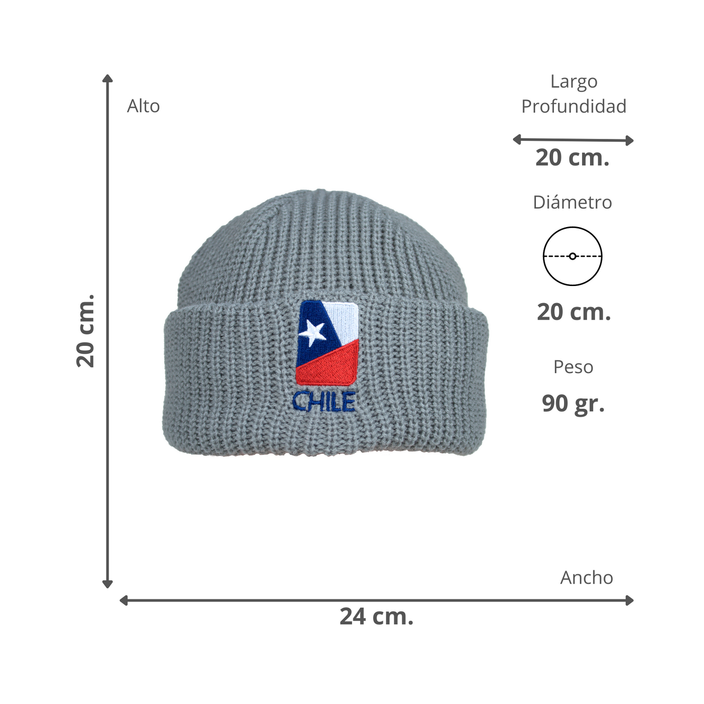 Gorro Beanie Bordado Con Diseños De Chile Gris Bandera