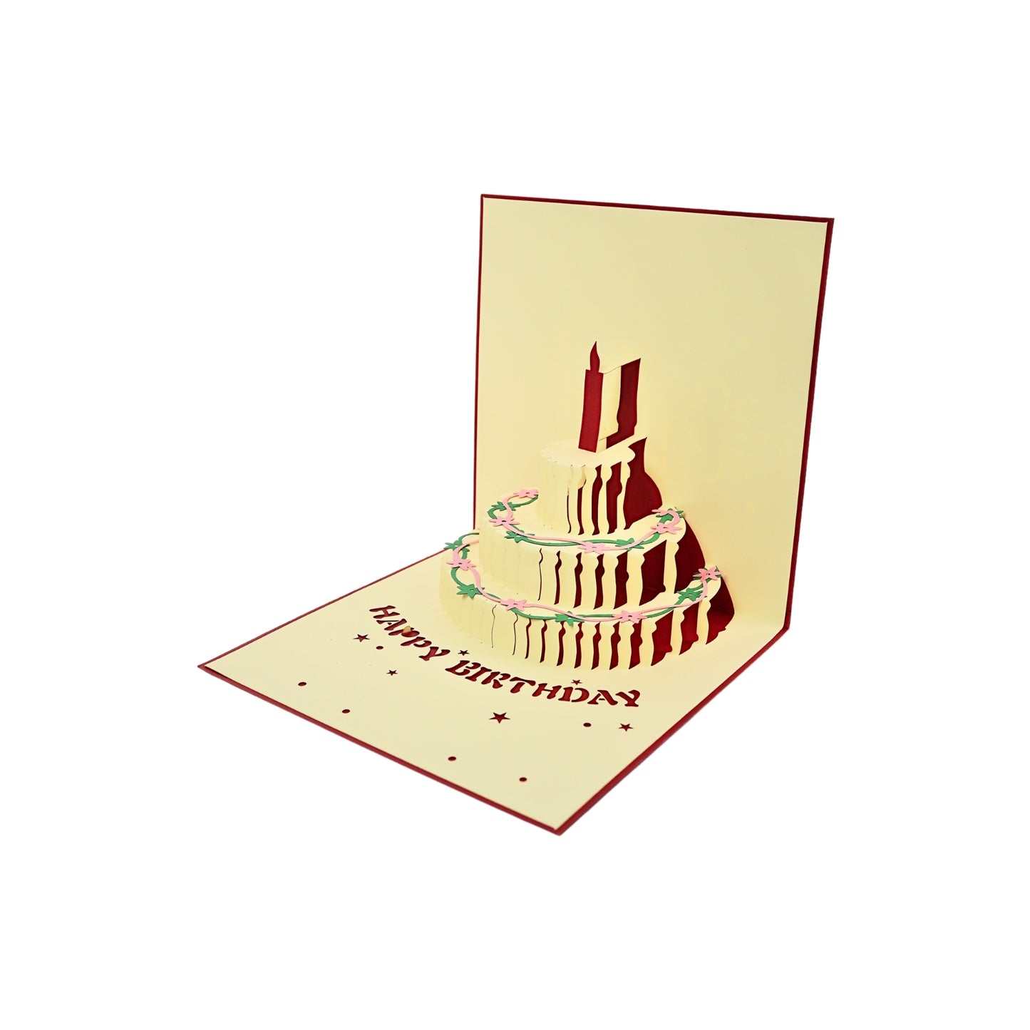 Tarjeta Plegable Pastel de Cumpleaños Luz y Música Rojo