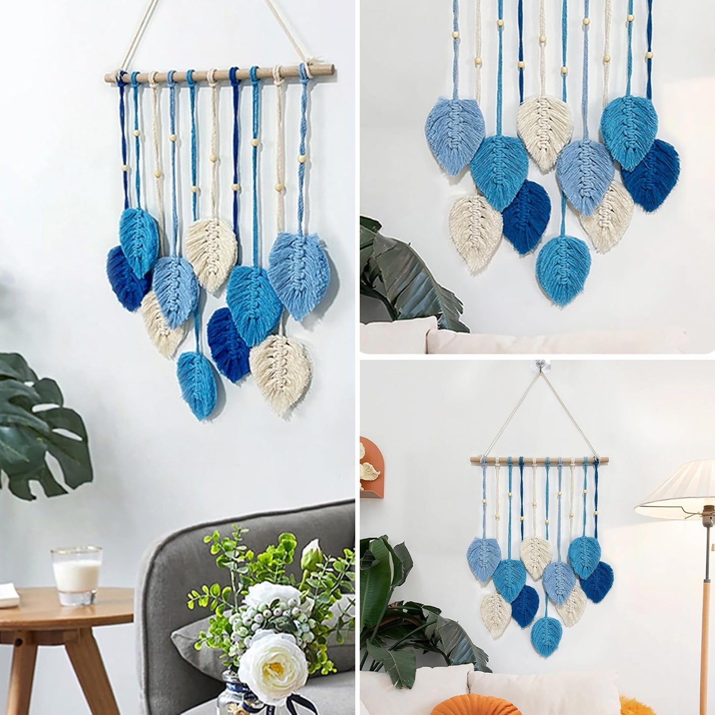 Decoración Colgante Mural Tejido Macramé Hojas Celeste
