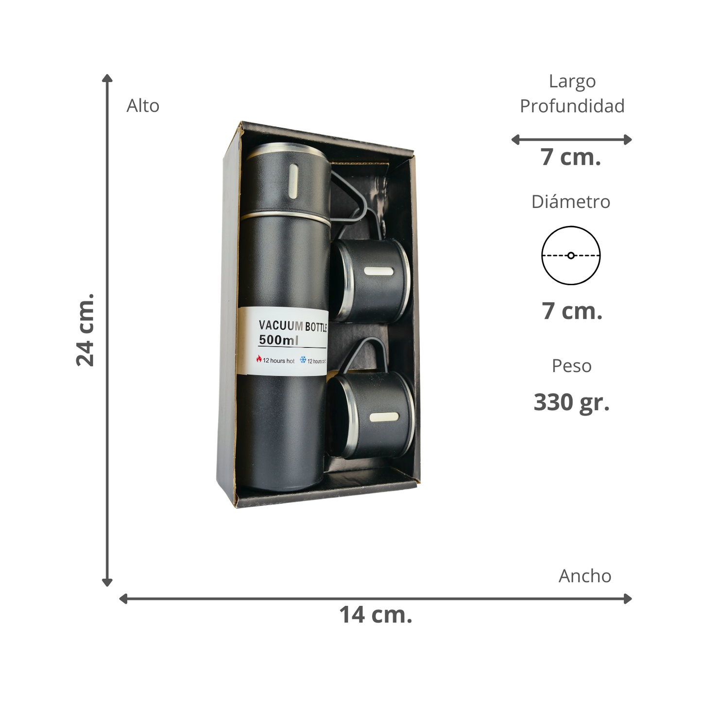 Set Termo Acero Inoxidable Con 3 Tazas 500 Ml Negro