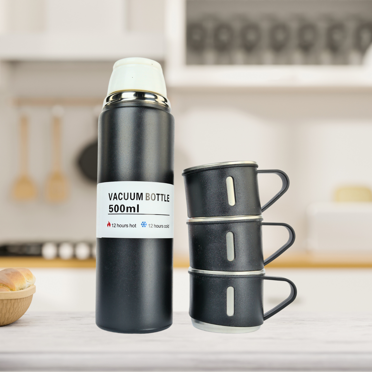 Set Termo Acero Inoxidable Con 3 Tazas 500 Ml Negro