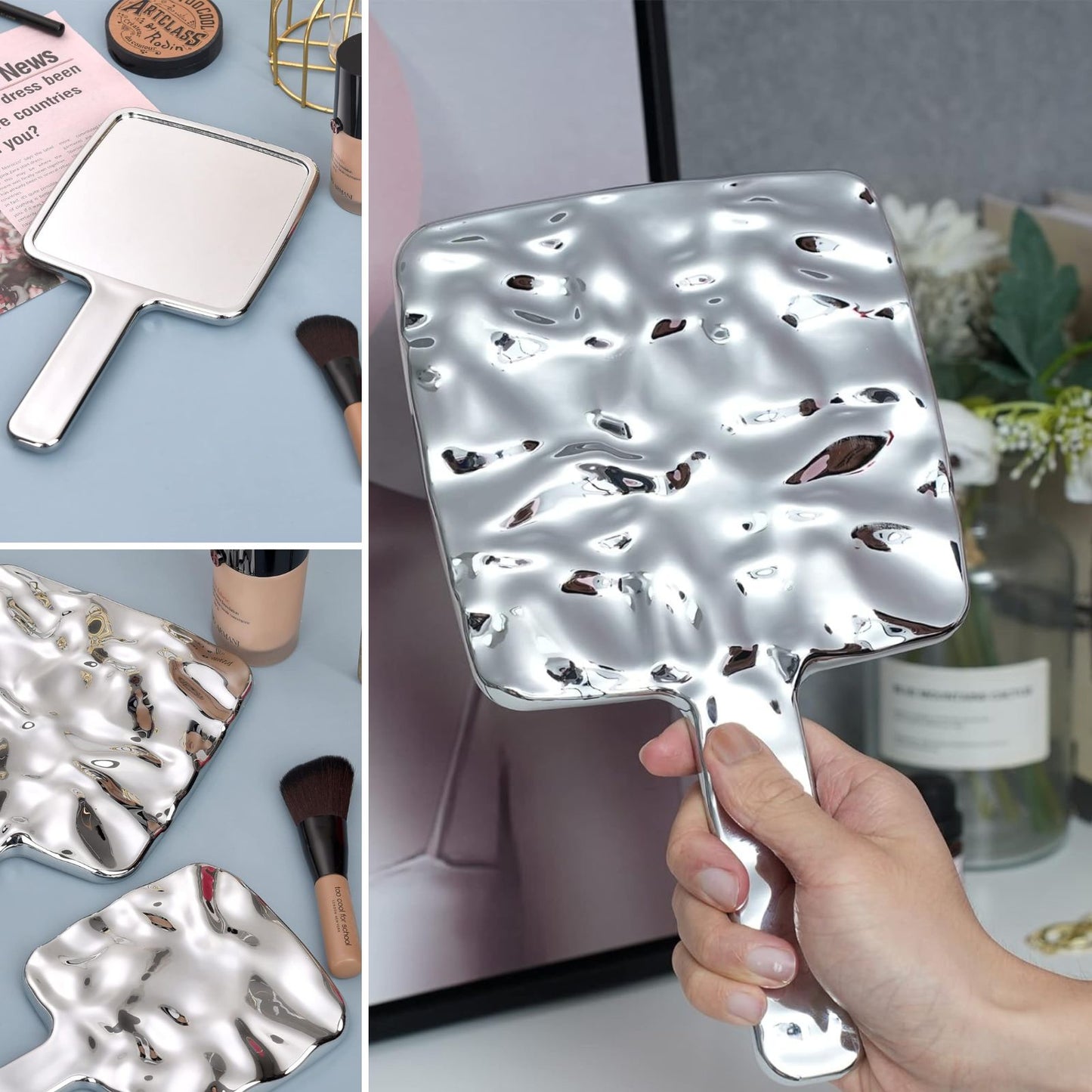 Espejo De Mano Para Maquillaje Con Patrón De Olas Plateado