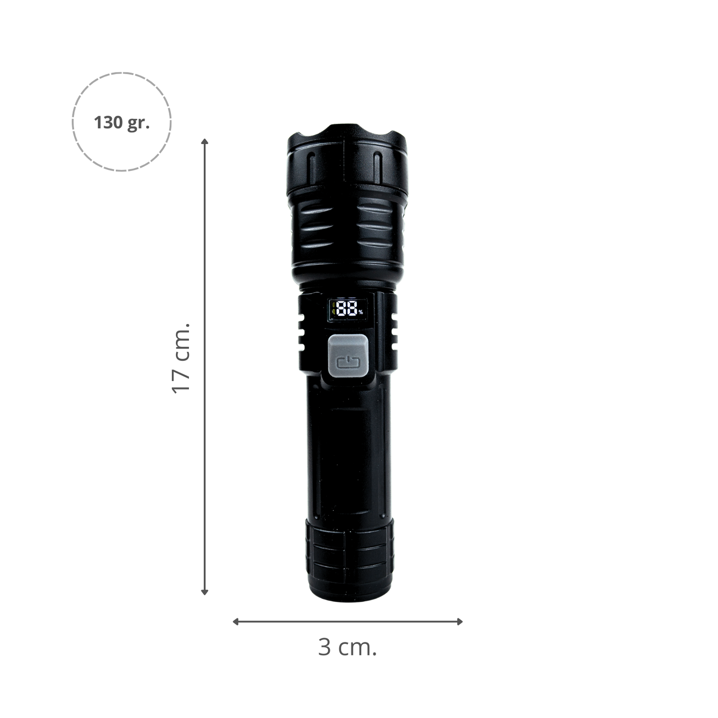 Linterna LED COB Recargable con Zoom y Pantalla Indicadora