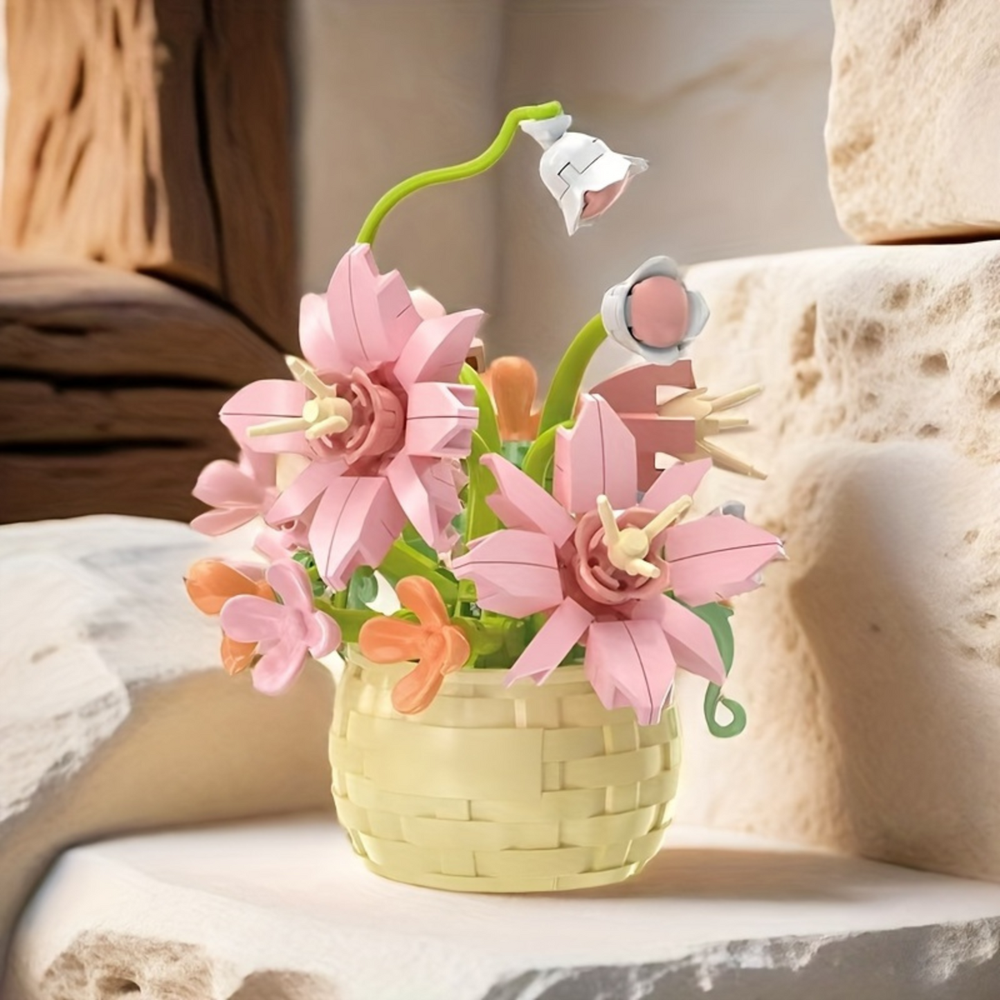 Juguete Bloques De Construcción Flores En Cesta Rosa