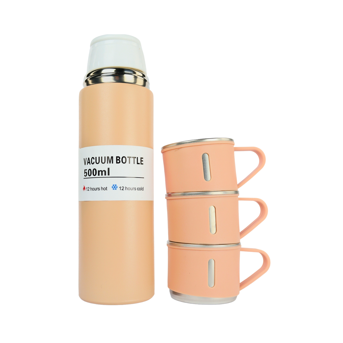 Set Termo Acero Inoxidable Con 3 Tazas 500 Ml Rosado