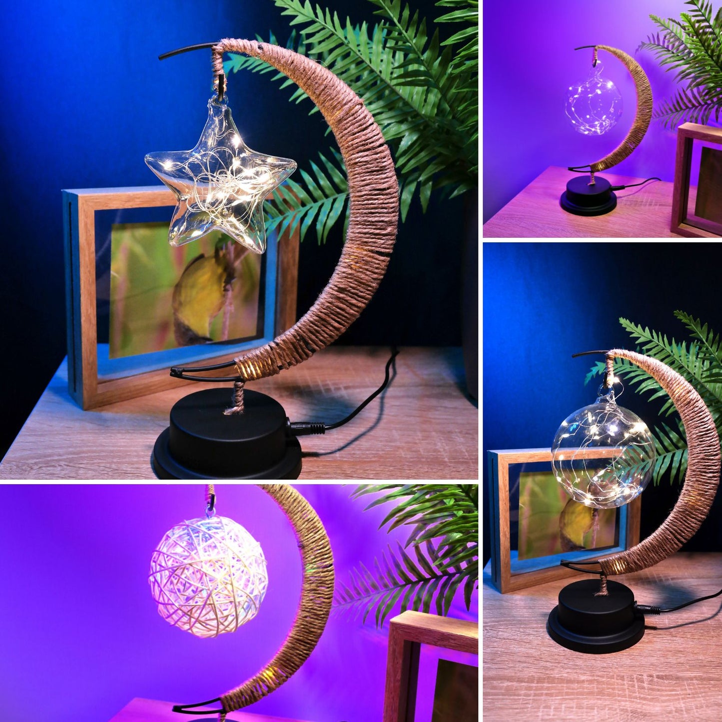 Lámpara LED Media Luna con Cáñamo y Colgante Bola