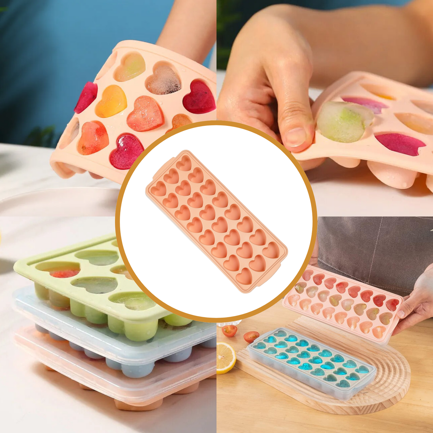 Cubeta De Silicona Para Hielos Corazón Rosado