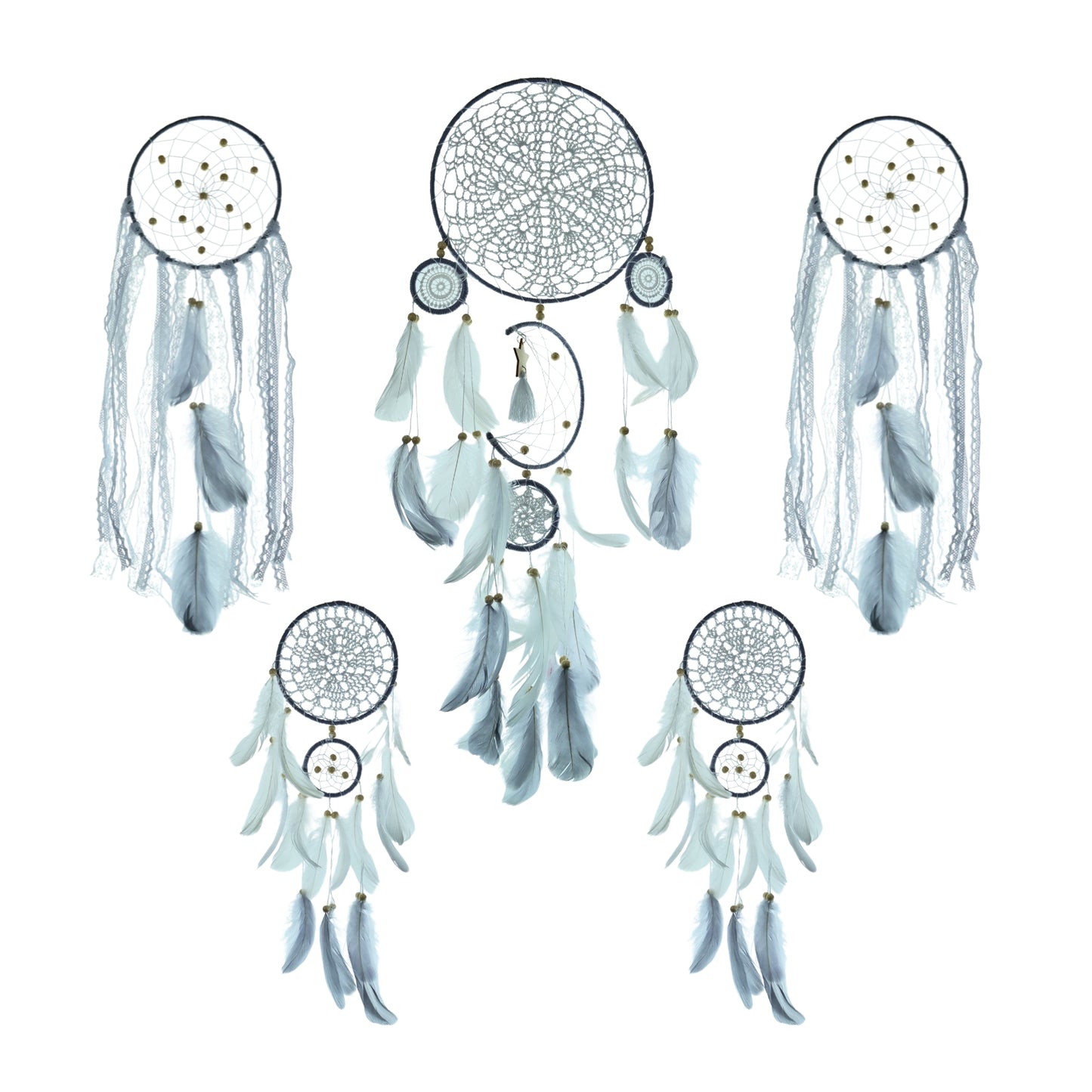 Atrapasueños Decoración Colgante Con Plumas 5 Unidades Gris