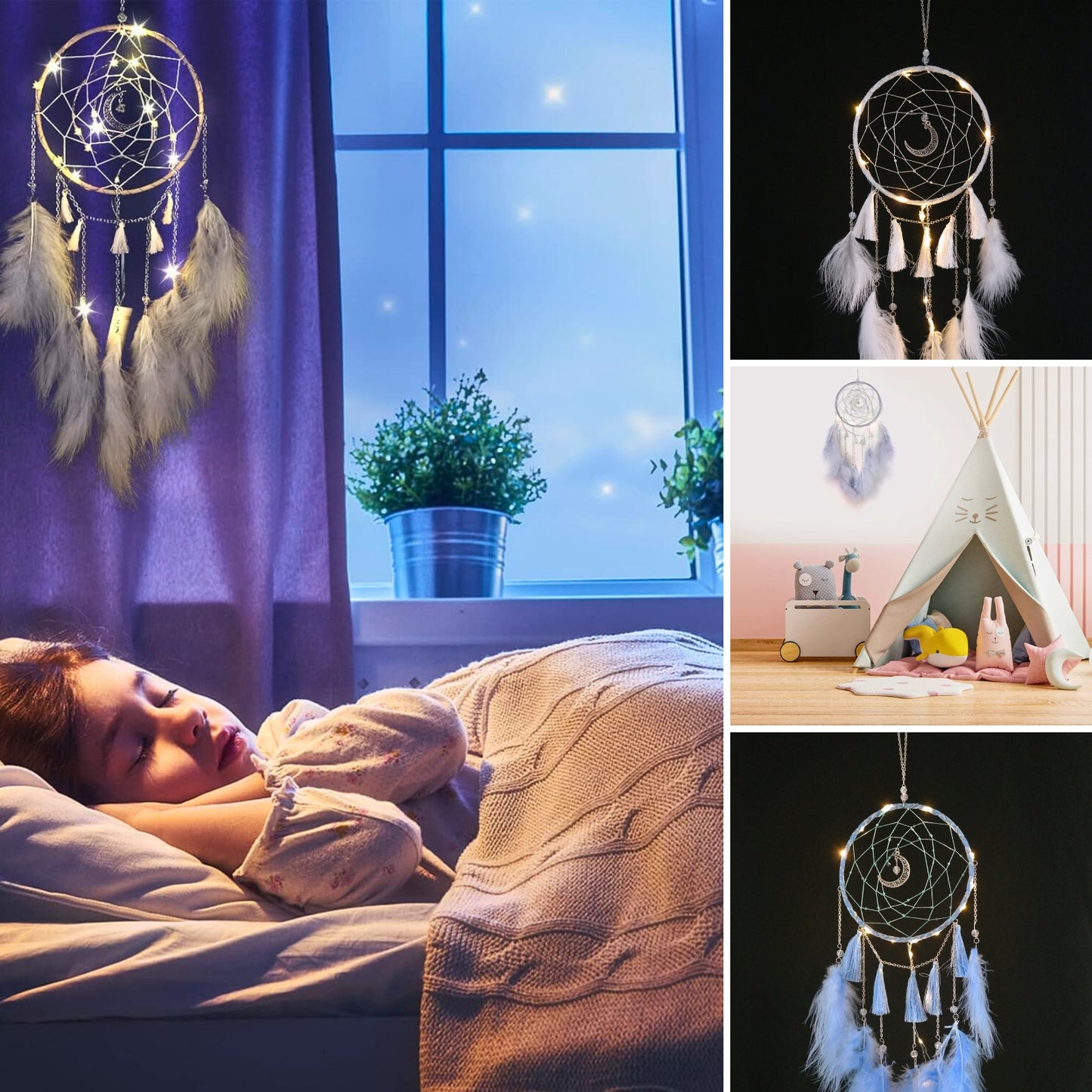Atrapasueños LED Decoración Colgante con Plumas Blanco