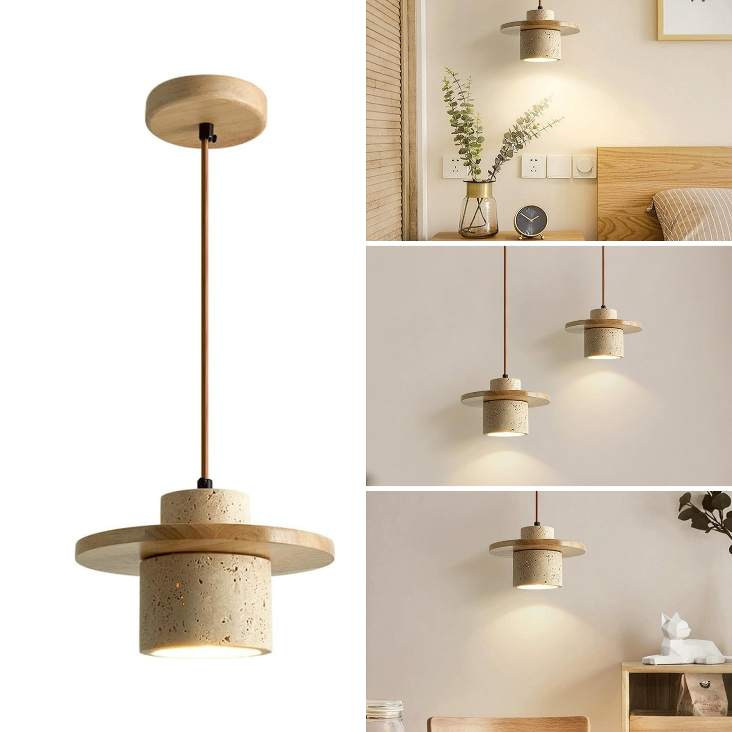 Lámpara Colgante Japonesa de Piedra Travertino y Madera Beige