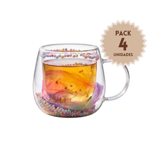 Pack 4 Tazas de Vidrio Flores Eternas Plumas Rosado