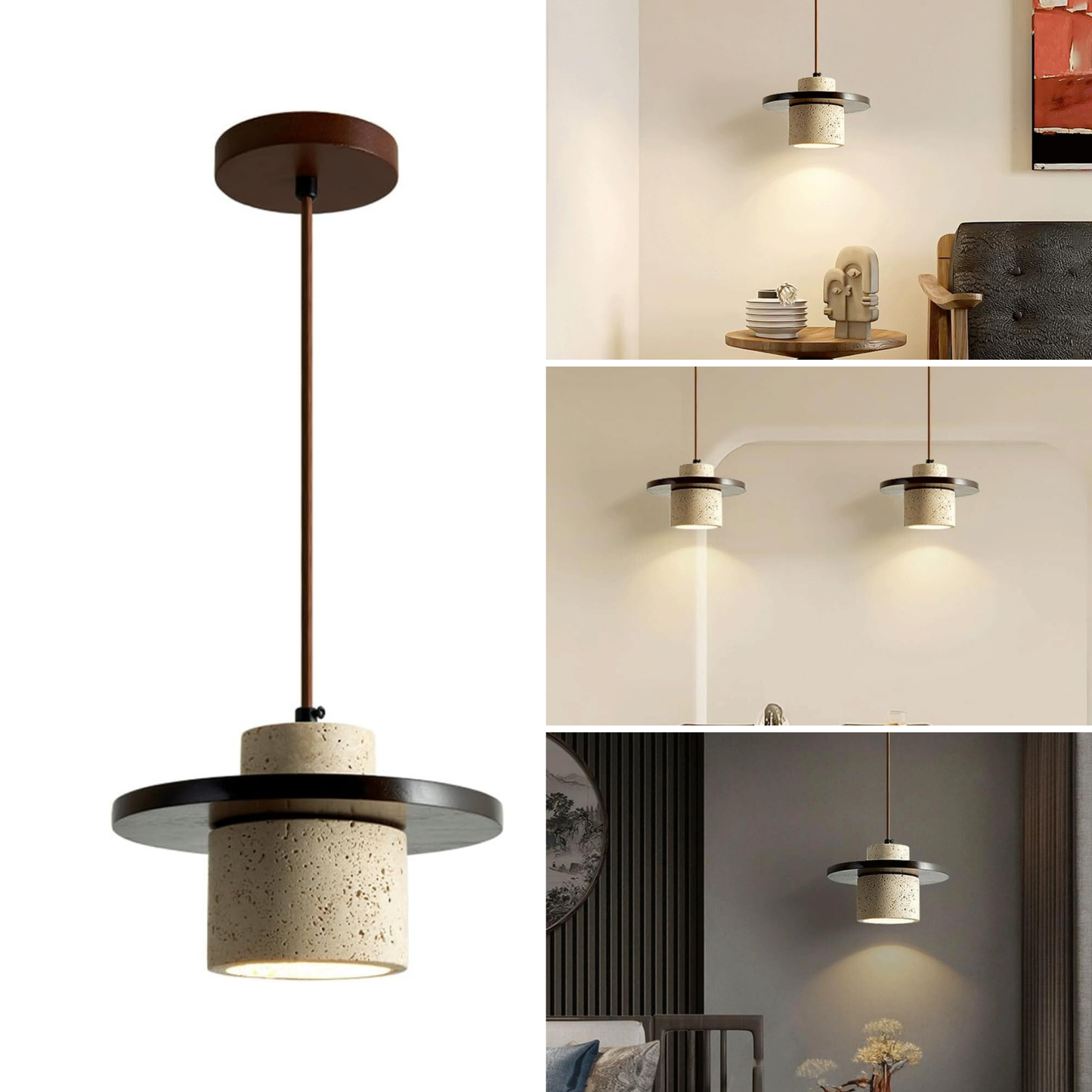 Lámpara Colgante Japonesa de Piedra Travertino y Madera Café