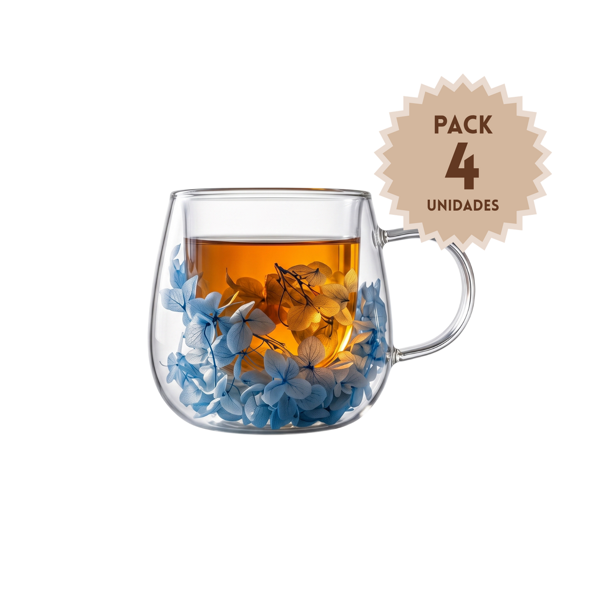 Pack 4 Tazas de Vidrio Flores Eternas Celeste
