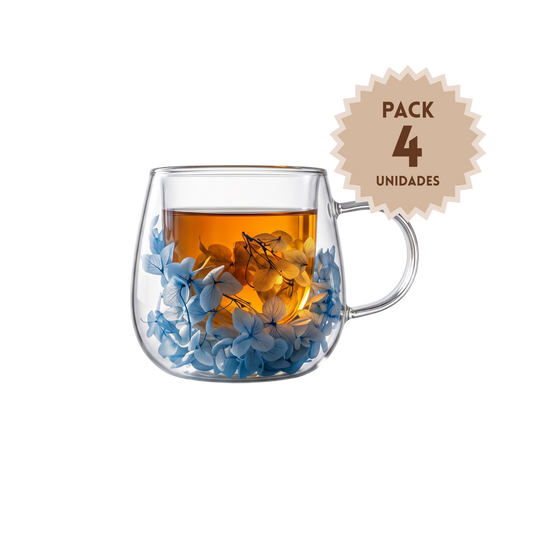 Pack 4 Tazas de Vidrio Flores Eternas Celeste