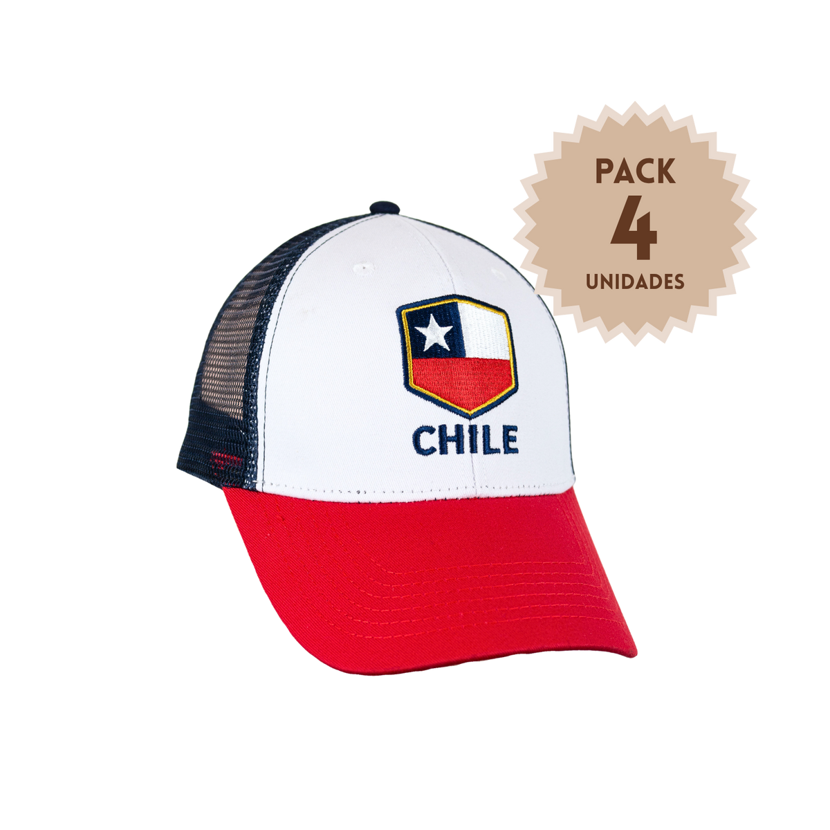 Pack 4 Jockey Trucker Bordado Bandera de Chile Blanco
