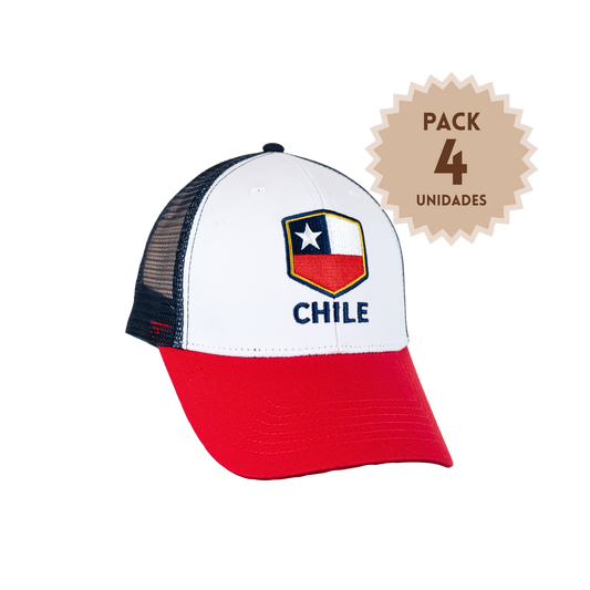 Pack 4 Jockey Trucker Bordado Bandera de Chile Blanco