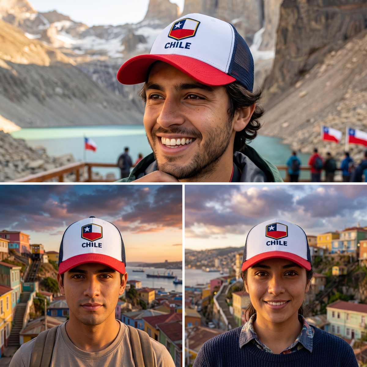 Pack 4 Jockey Trucker Bordado Bandera de Chile Blanco