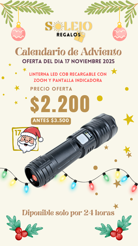 Linterna LED COB Recargable con Zoom y Pantalla Indicadora
