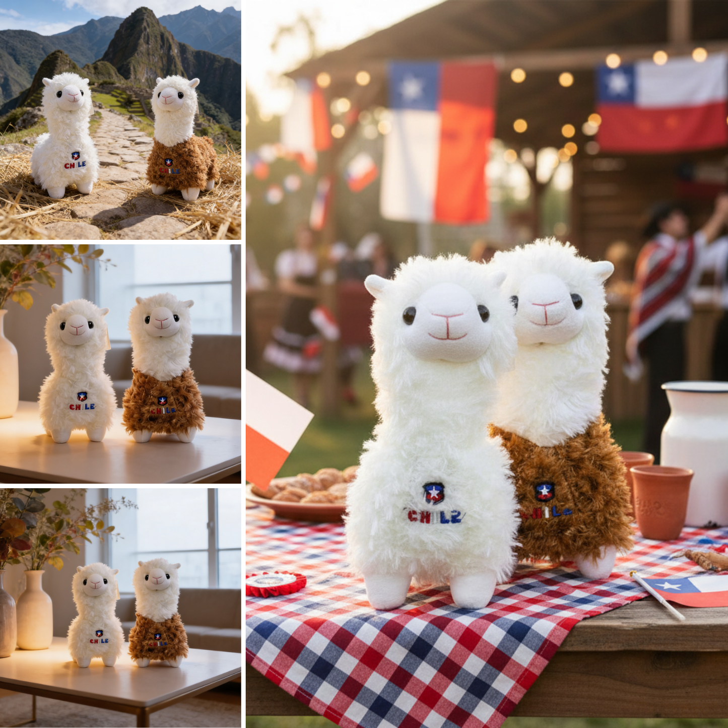 Peluche Llama Souvenir de Chile con Escudo Bordado Blanco