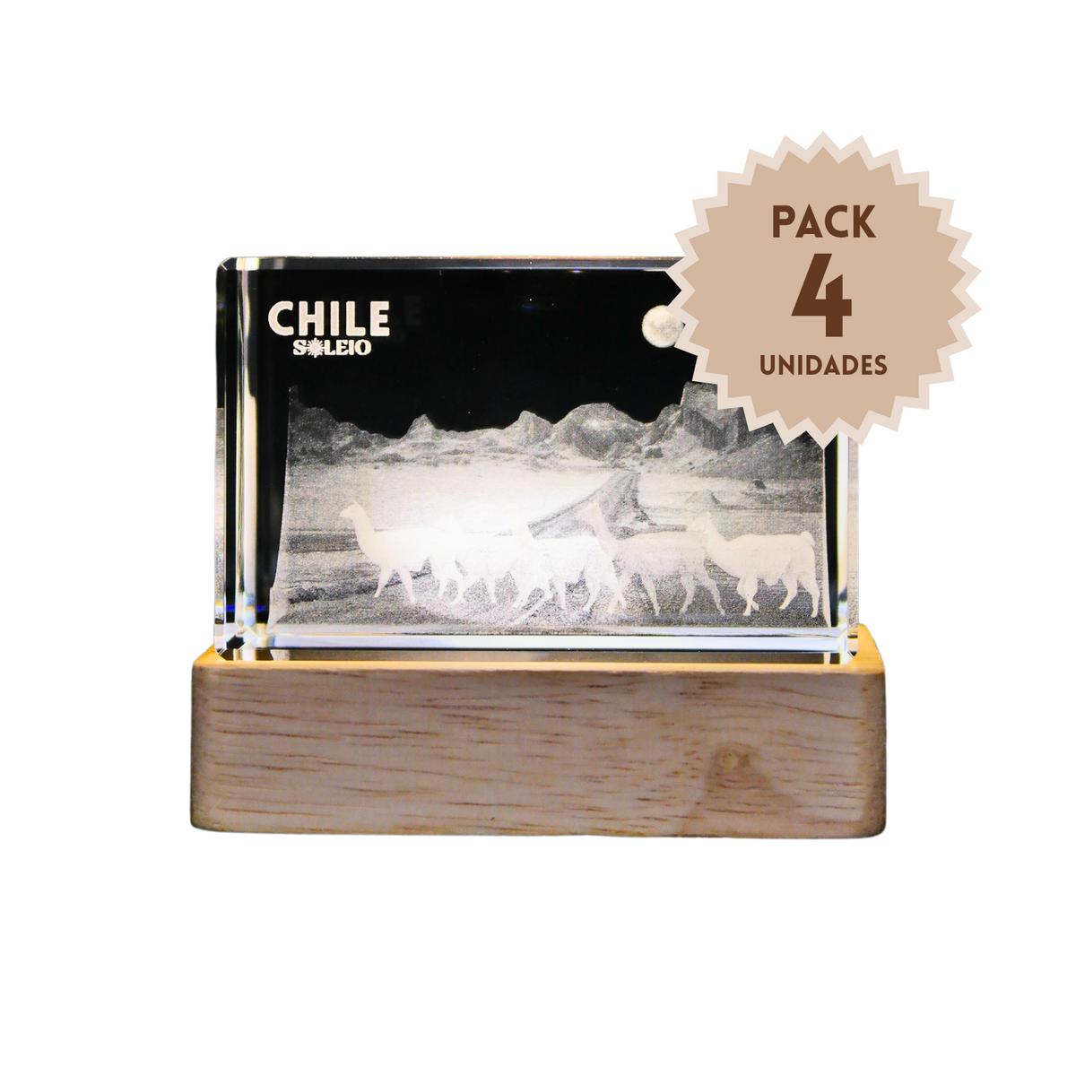 Pack 4 Cristales Grabados 3d Con Base Led Guanacos