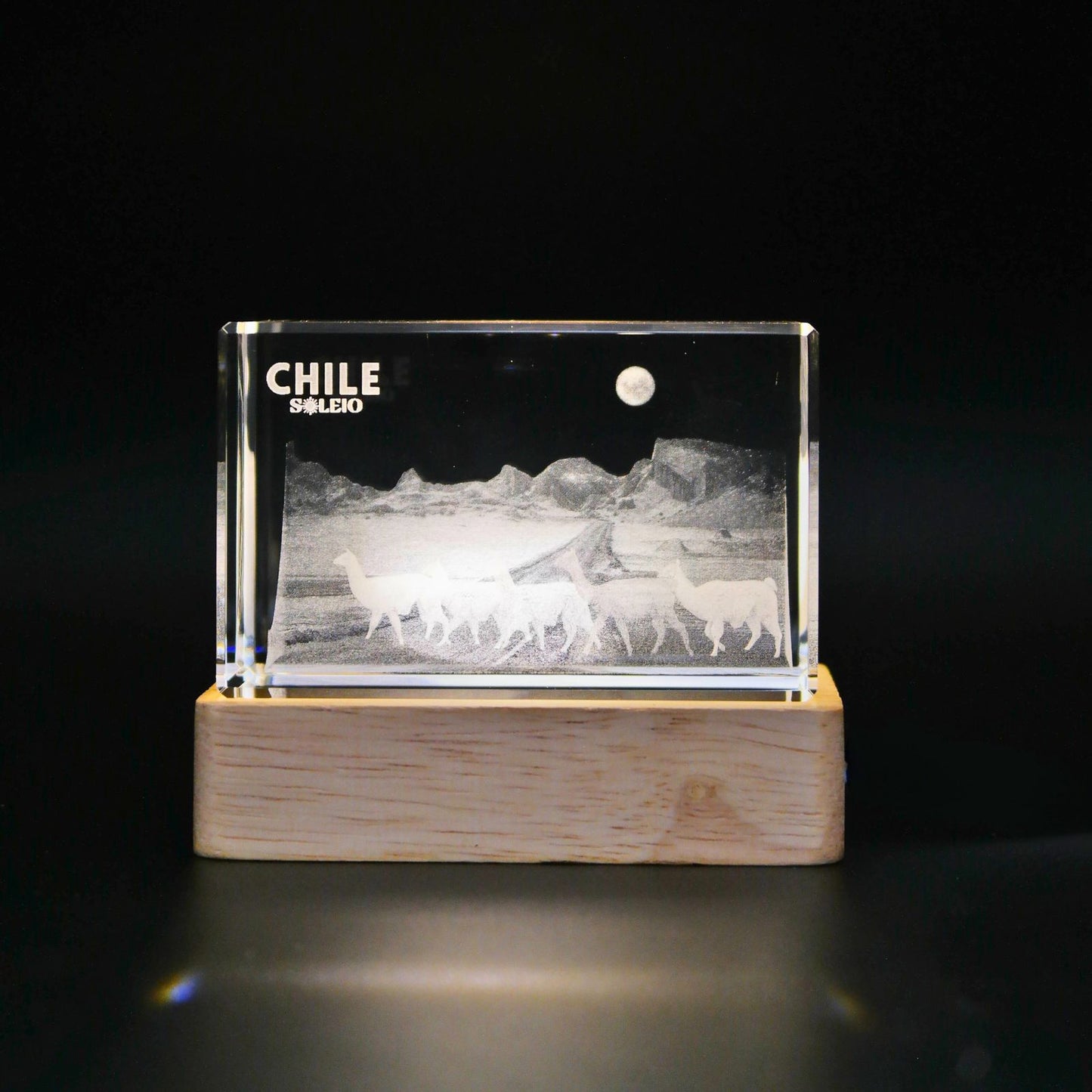 Cristal 3d Decorativo Con Base Led Guanacos